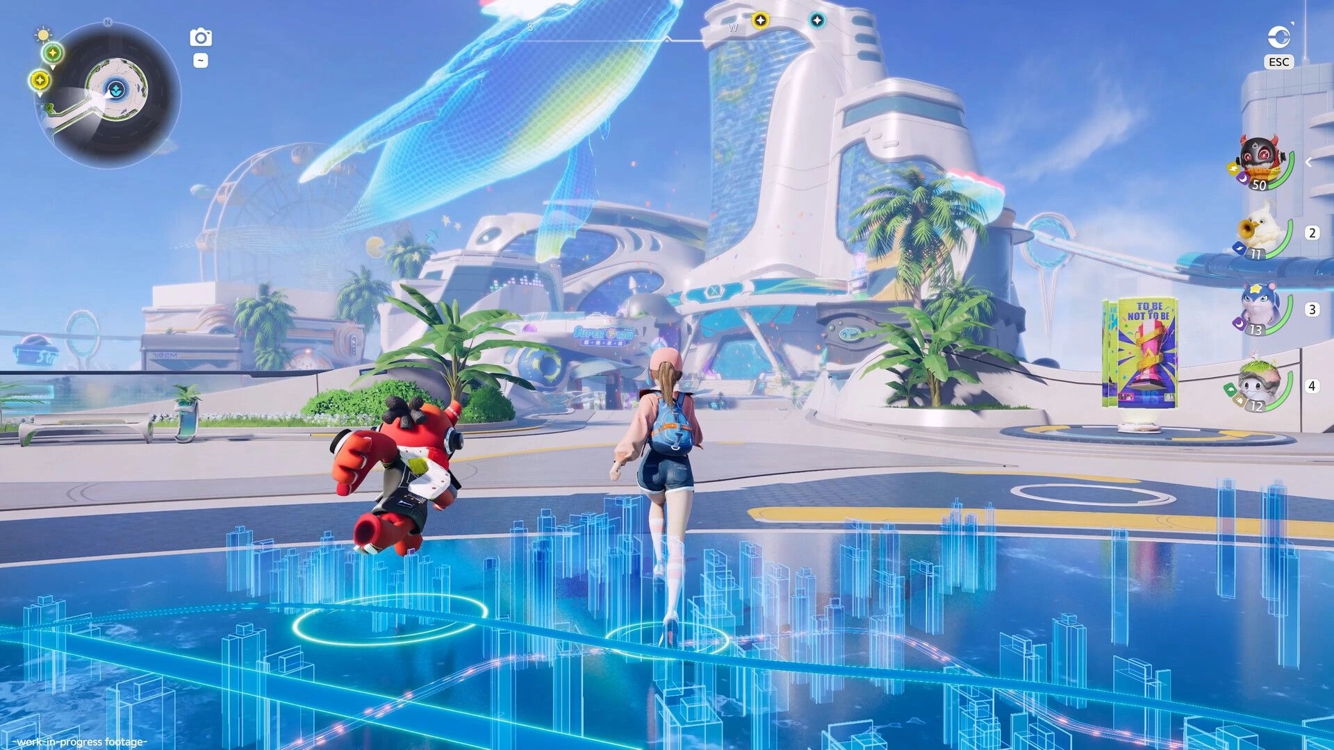 Aniimo: Character runs with Aniimo companion in futuristic city with floating whale hologram overhead