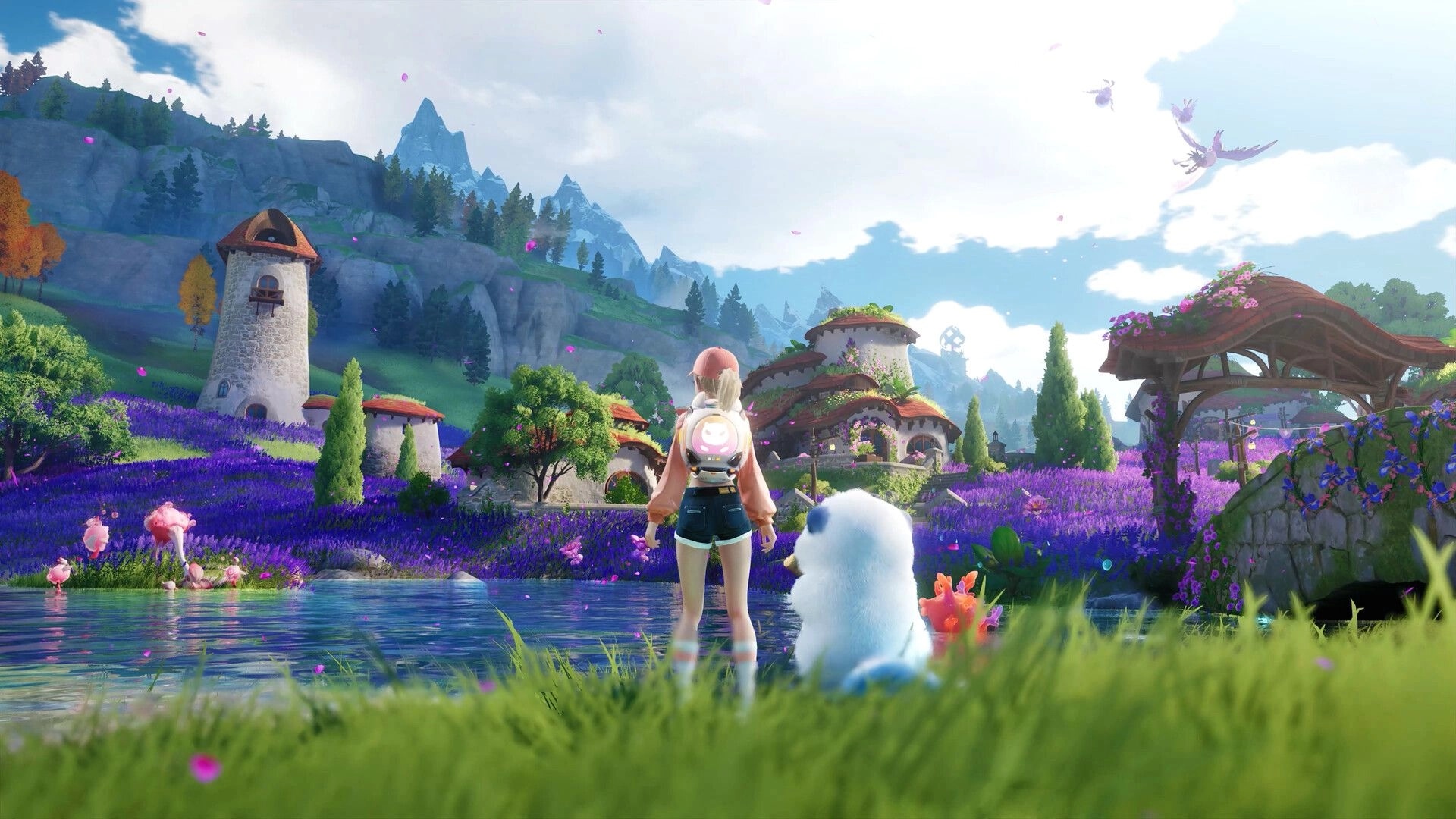 Aniimo: Player with Aniimo companions overlooking vibrant village with stone towers and purple fields