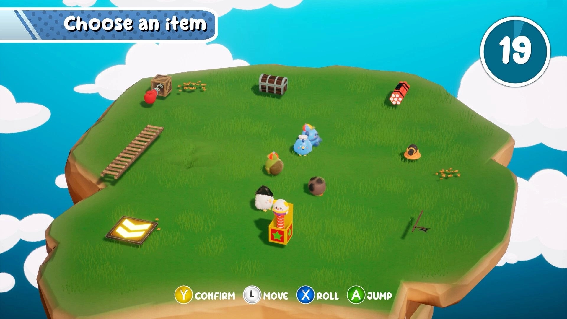 Animal Falling: Cartoon animals on grassy platform choosing items with timer and controls visible