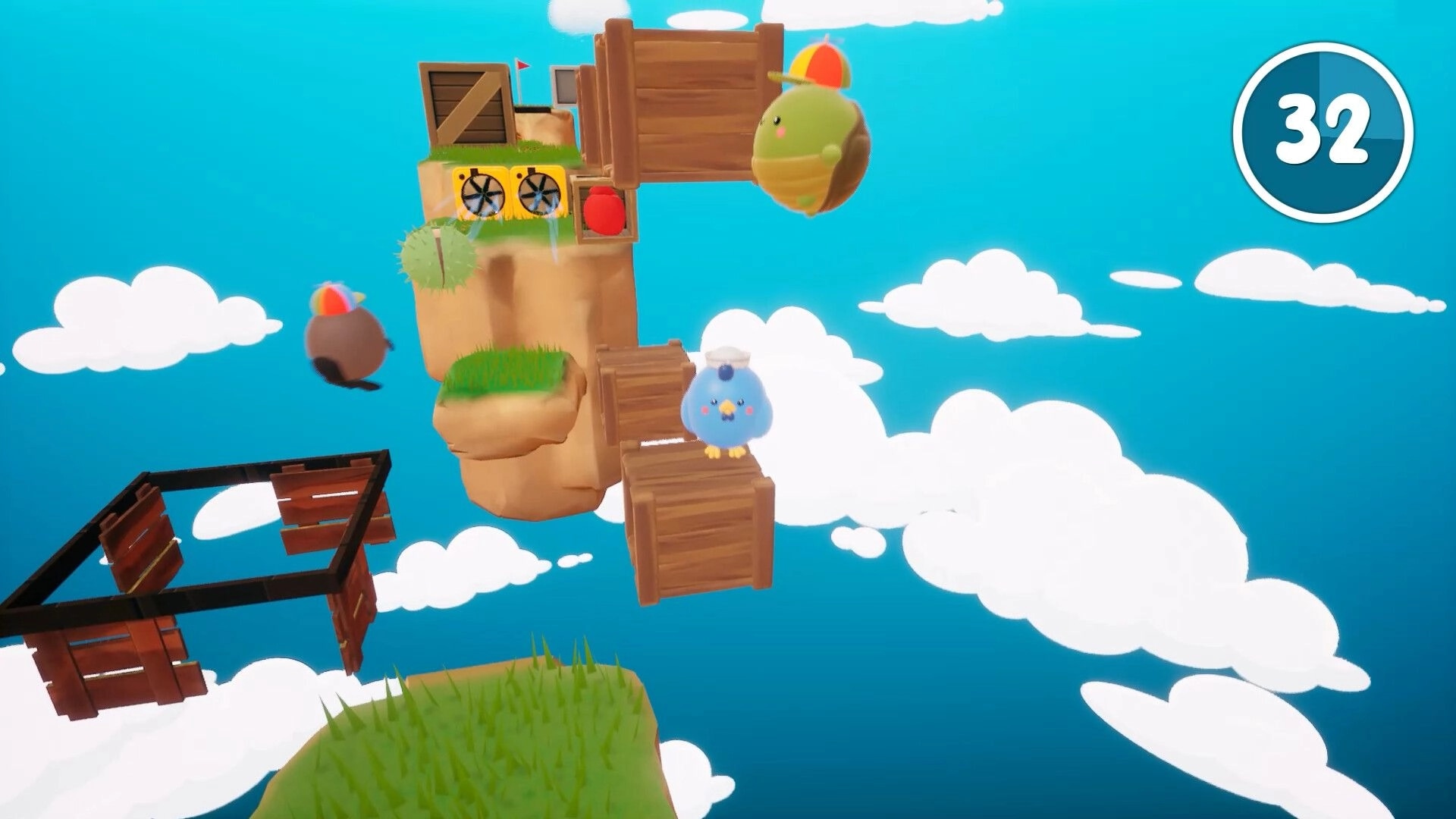 Animal Falling: Cartoon animals navigate floating wooden platforms in a sky full of clouds, timer at 32.