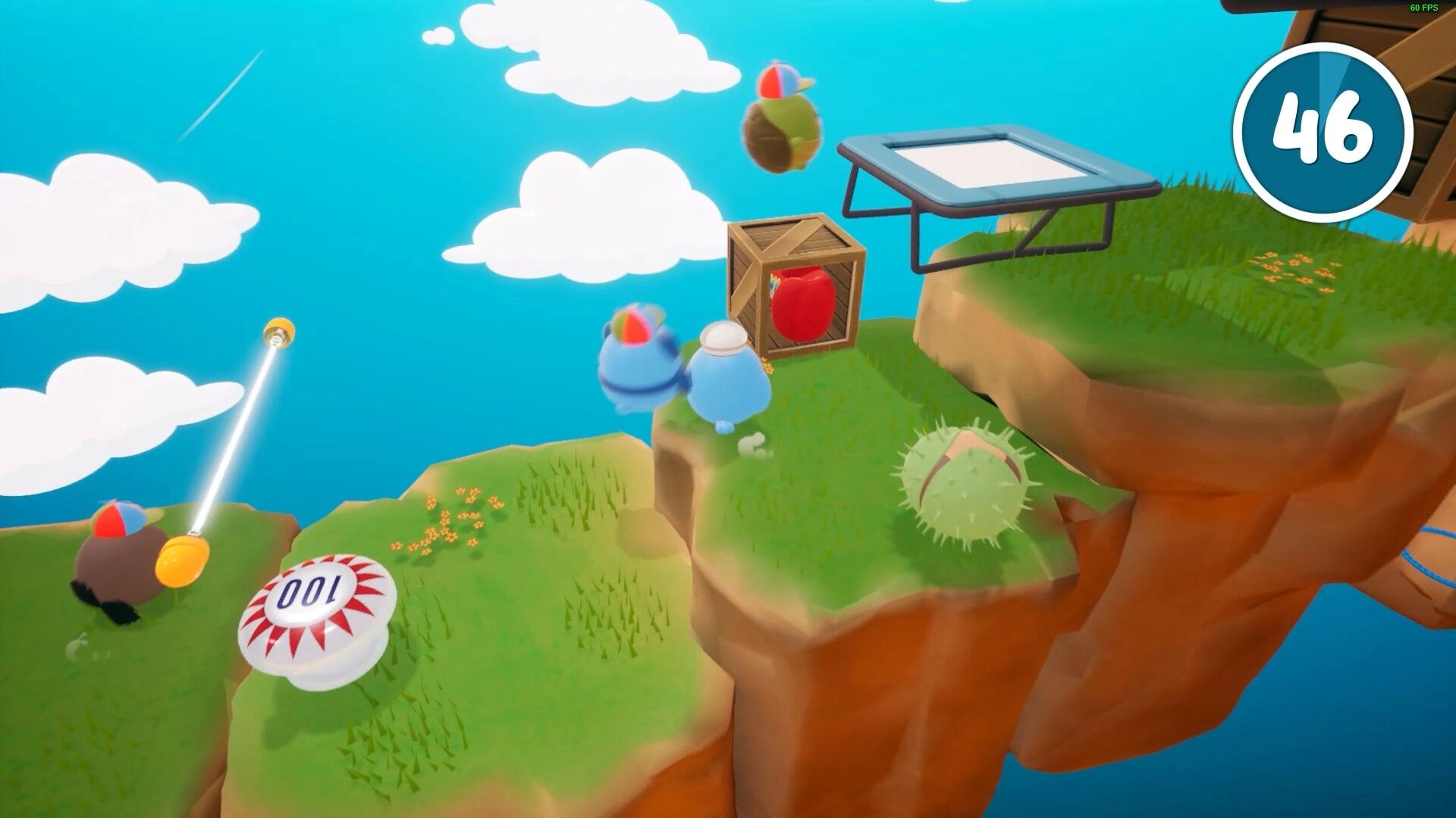 Animal Falling: Two cartoon animals jump over obstacles on grassy platforms with a timer at 46 seconds.