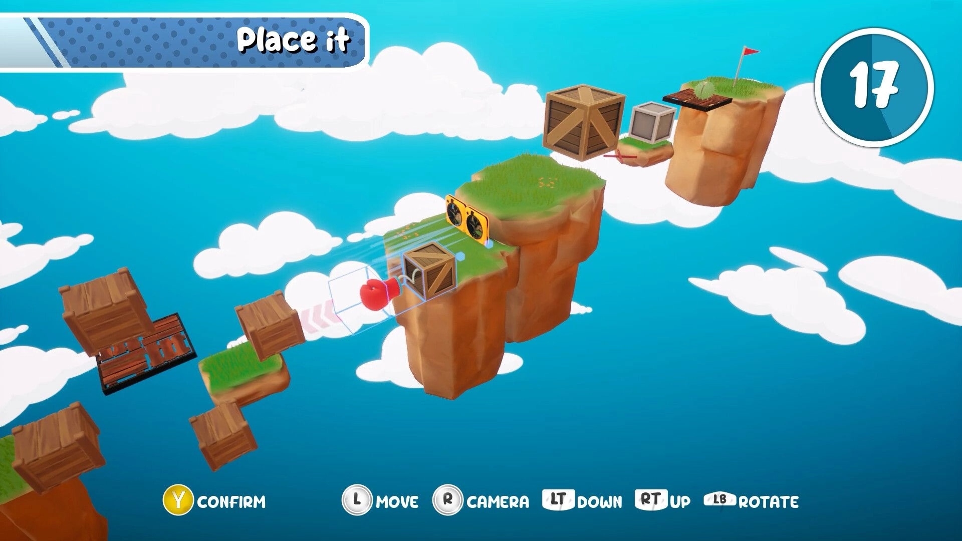 Animal Falling: Floating platforms with crates, countdown timer, and player controls in sky setting