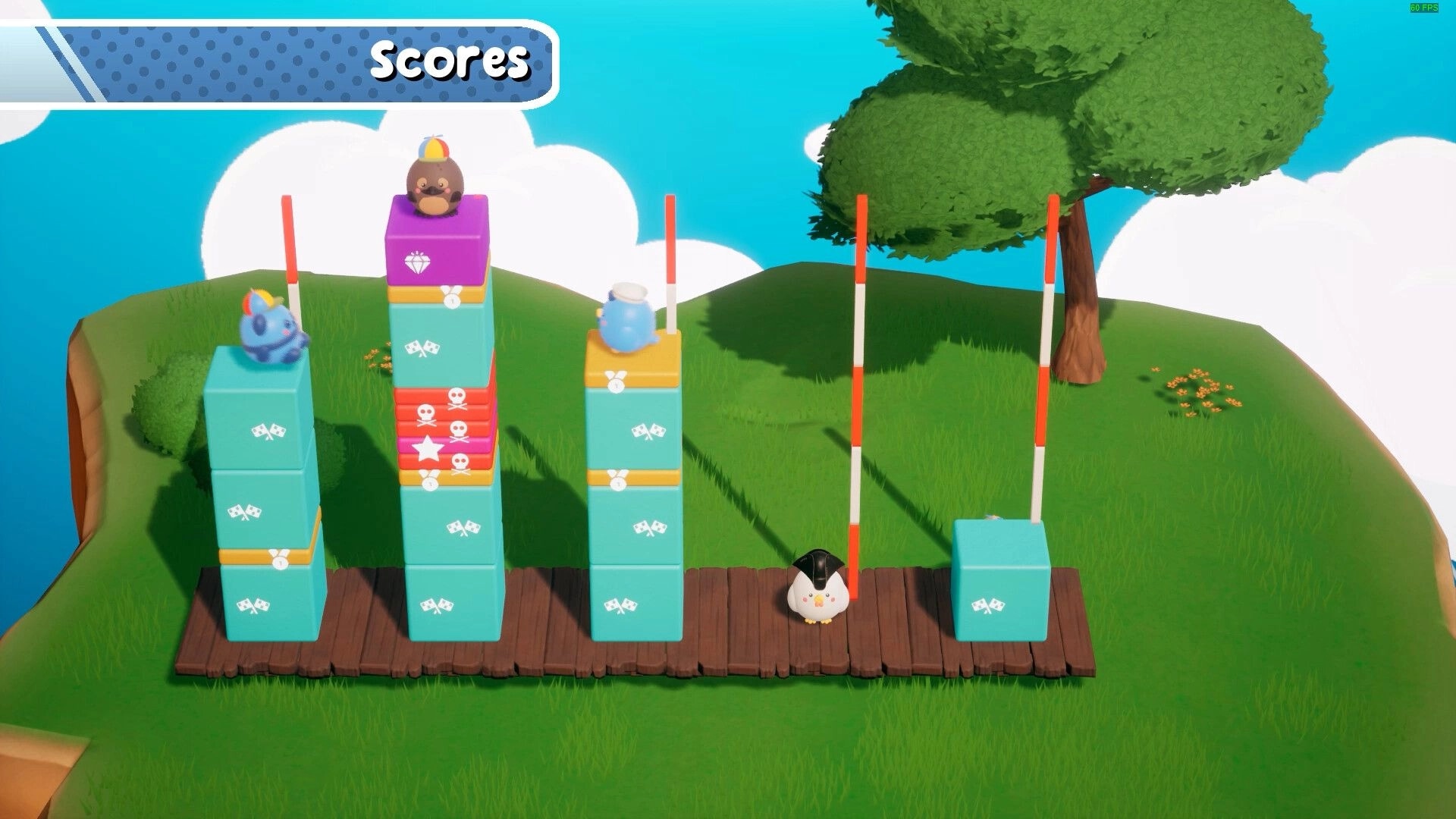 Animal Falling: Cartoon animals on stacked platforms with score display on grassy hilltop under blue sky.