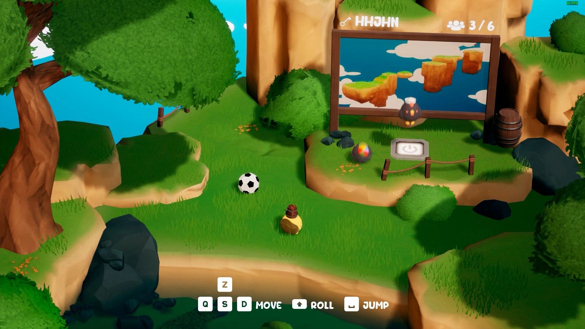 Animal Falling: Cartoon animal on grassy platform with soccer ball, map board, and control instructions.
