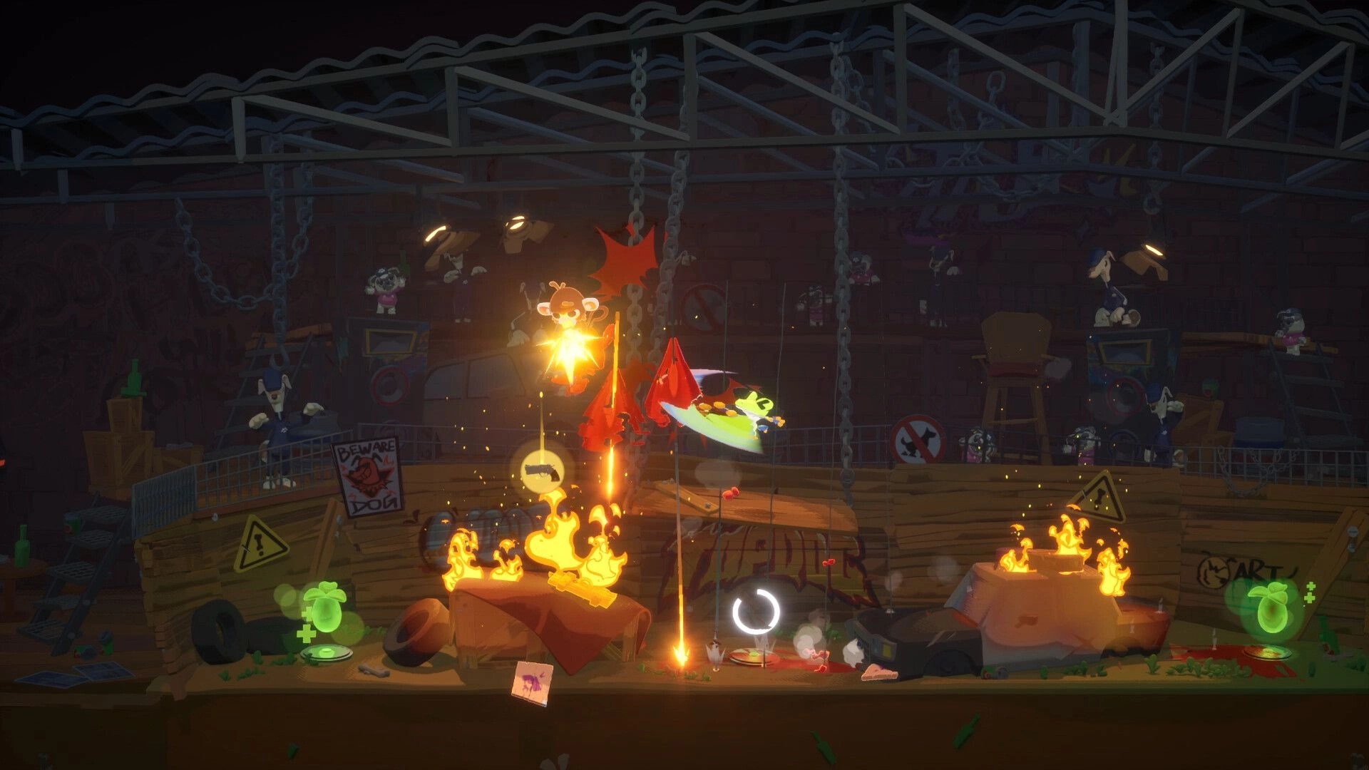 Animal Game: Midair brawl with sparks and fire hazards in a grim warehouse arena with chains above.