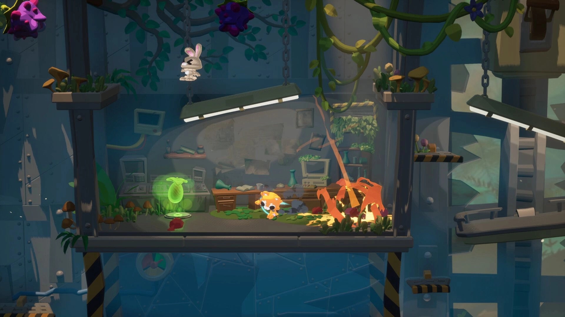 Animal Game: Orange animal brawler attacks amid sparks in a vine-covered lab platform arena.