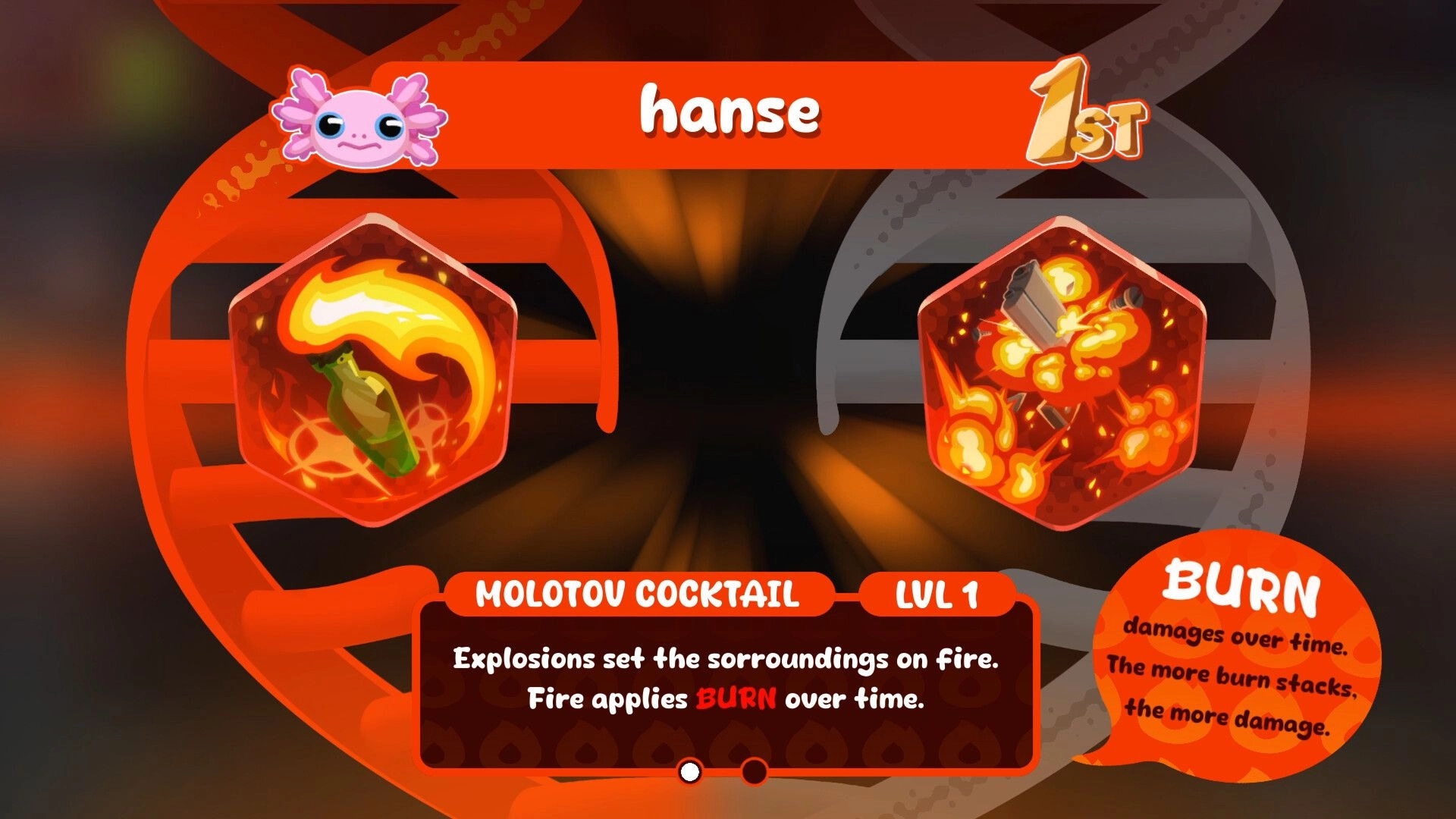 Animal Game: Upgrade selection screen for hanse in 1st, choosing Molotov Cocktail burn effect menu.
