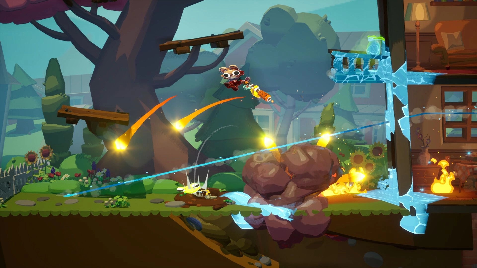 Animal Game: Raccoon leaps firing a rocket launcher across a garden stage with a house interior cutaway.