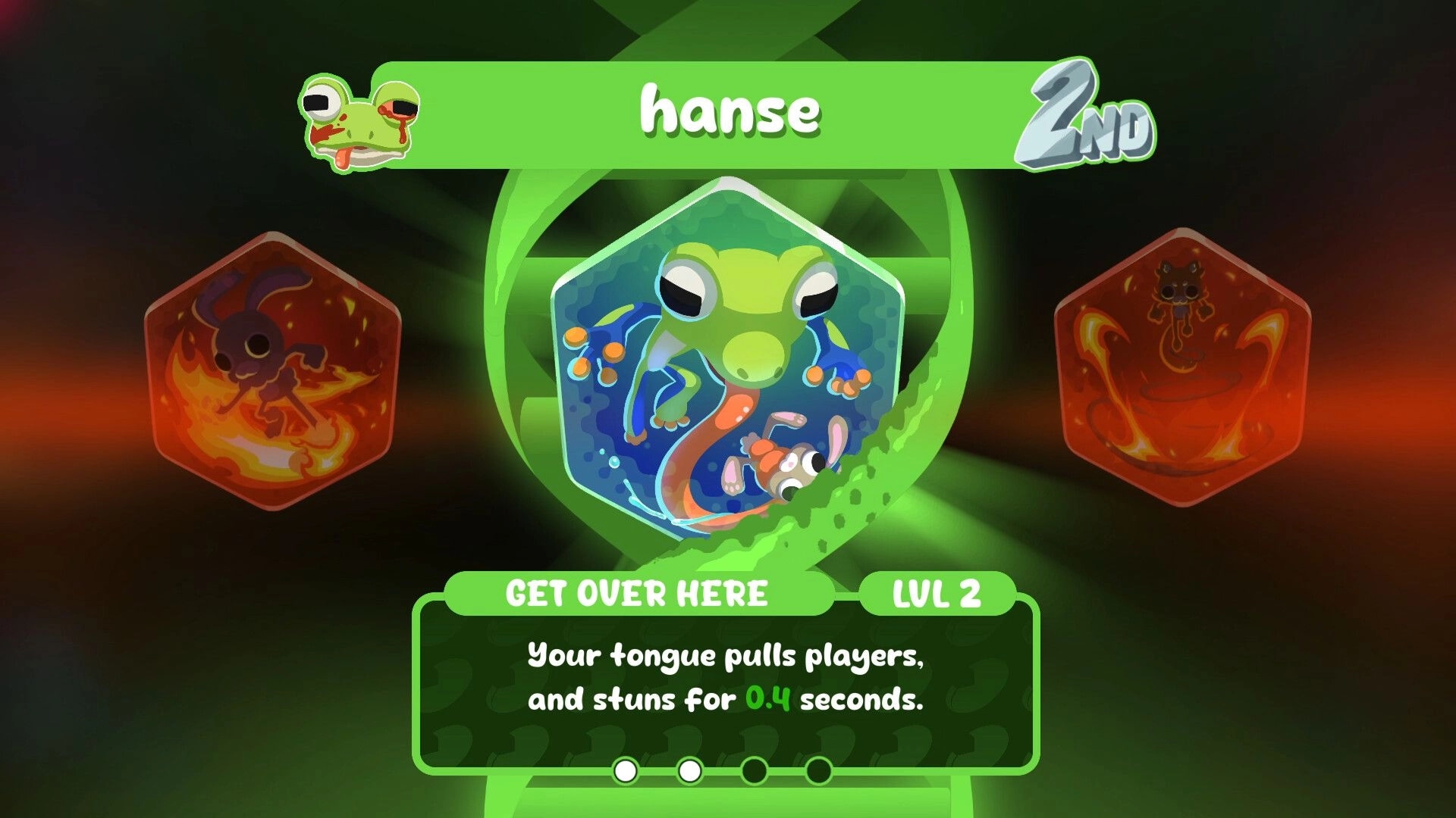 Animal Game: Upgrade card for hanse in 2nd, frog tongue pull stun description on green UI screen.