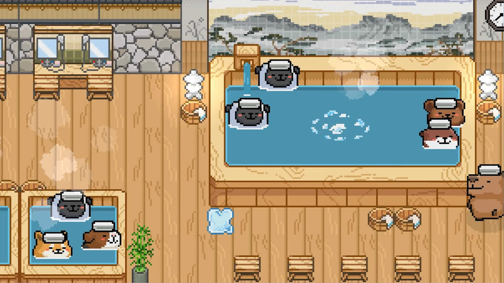 Animal Spa: Animals relaxing in warm baths with wooden interiors and scenic mountain backdrop