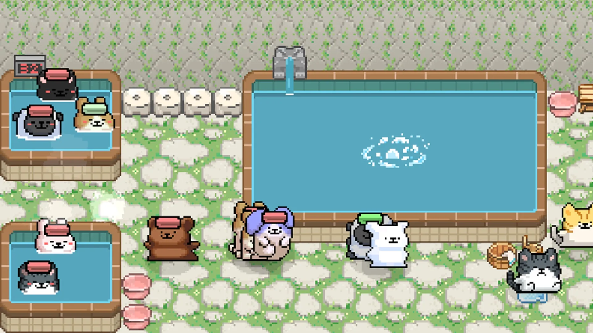 Animal Spa: Animals relaxing in baths and resting on stone path, large pool with water faucet nearby.
