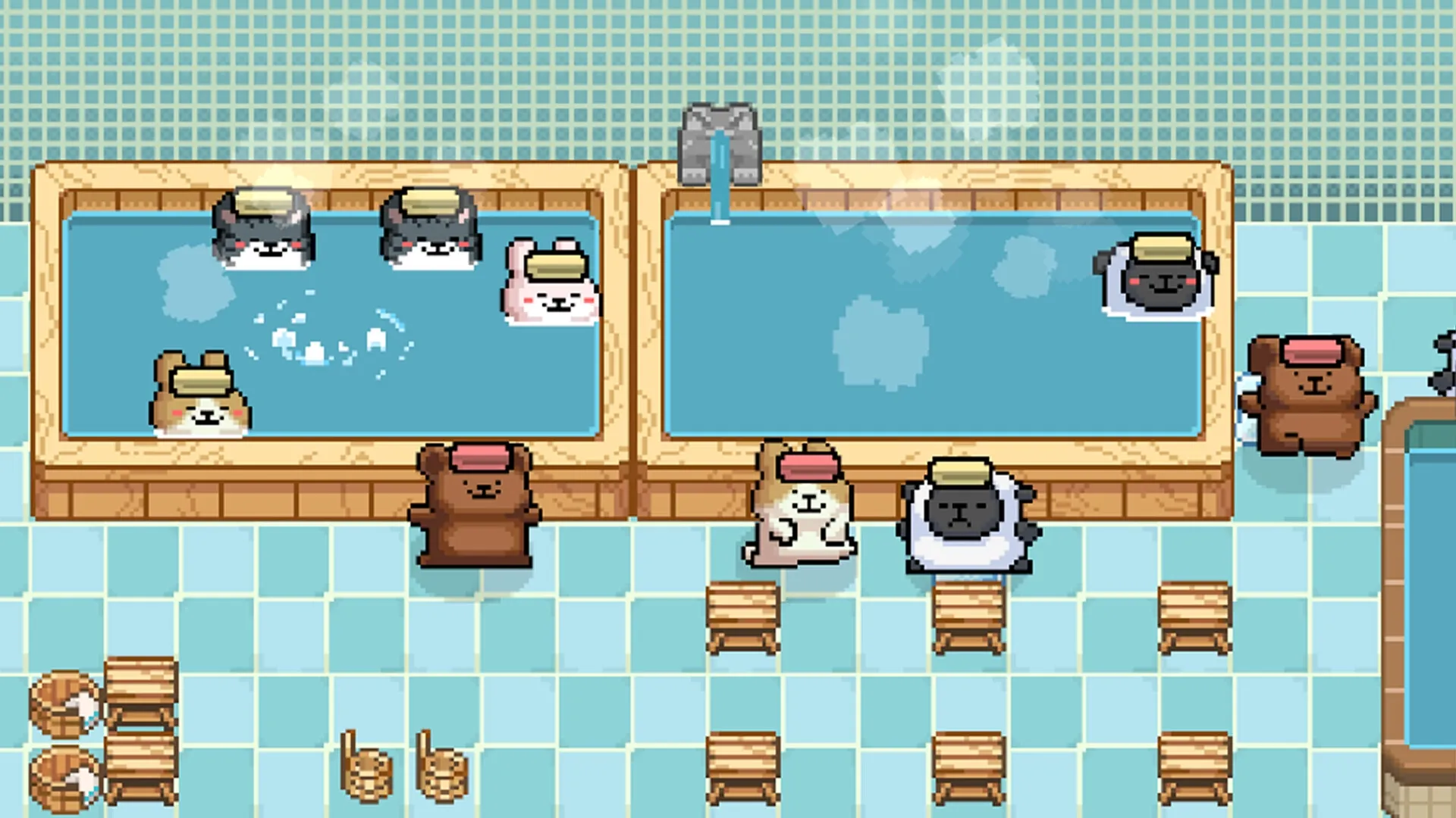 Animal Spa: Animals relaxing in hot baths with wooden stools, tile floor, and steam rising in bathhouse.