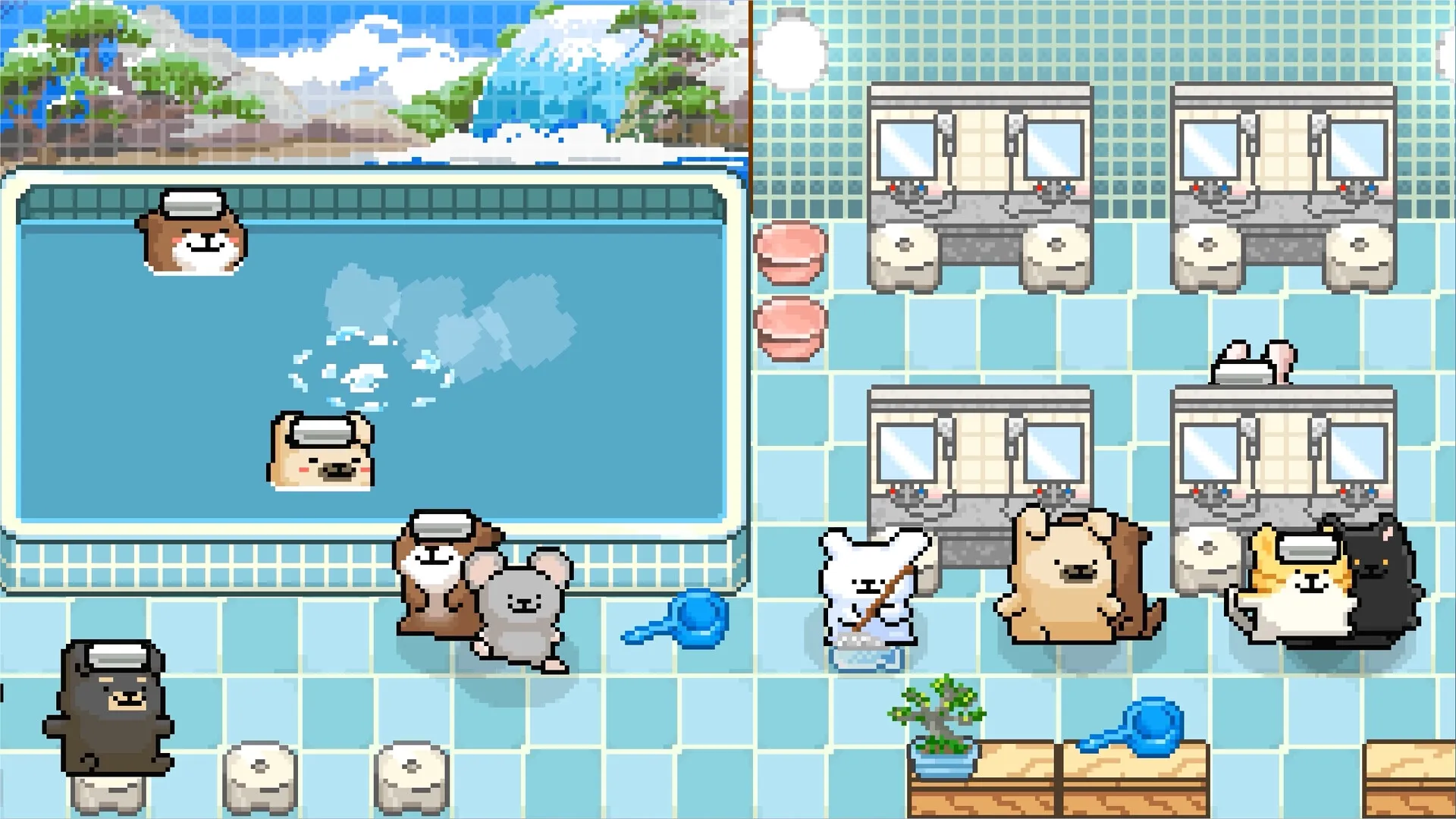 Animal Spa: Cute animals in bathhouse, some in a large pool, others enjoying the spa facilities.