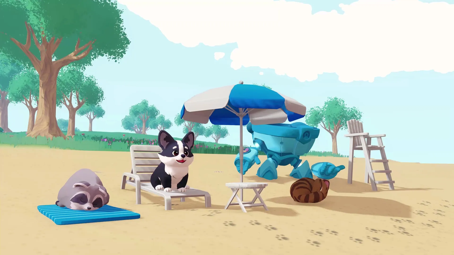 Animalkind: Dog and raccoon relax on beach with mech under umbrella, surrounded by trees and sand.