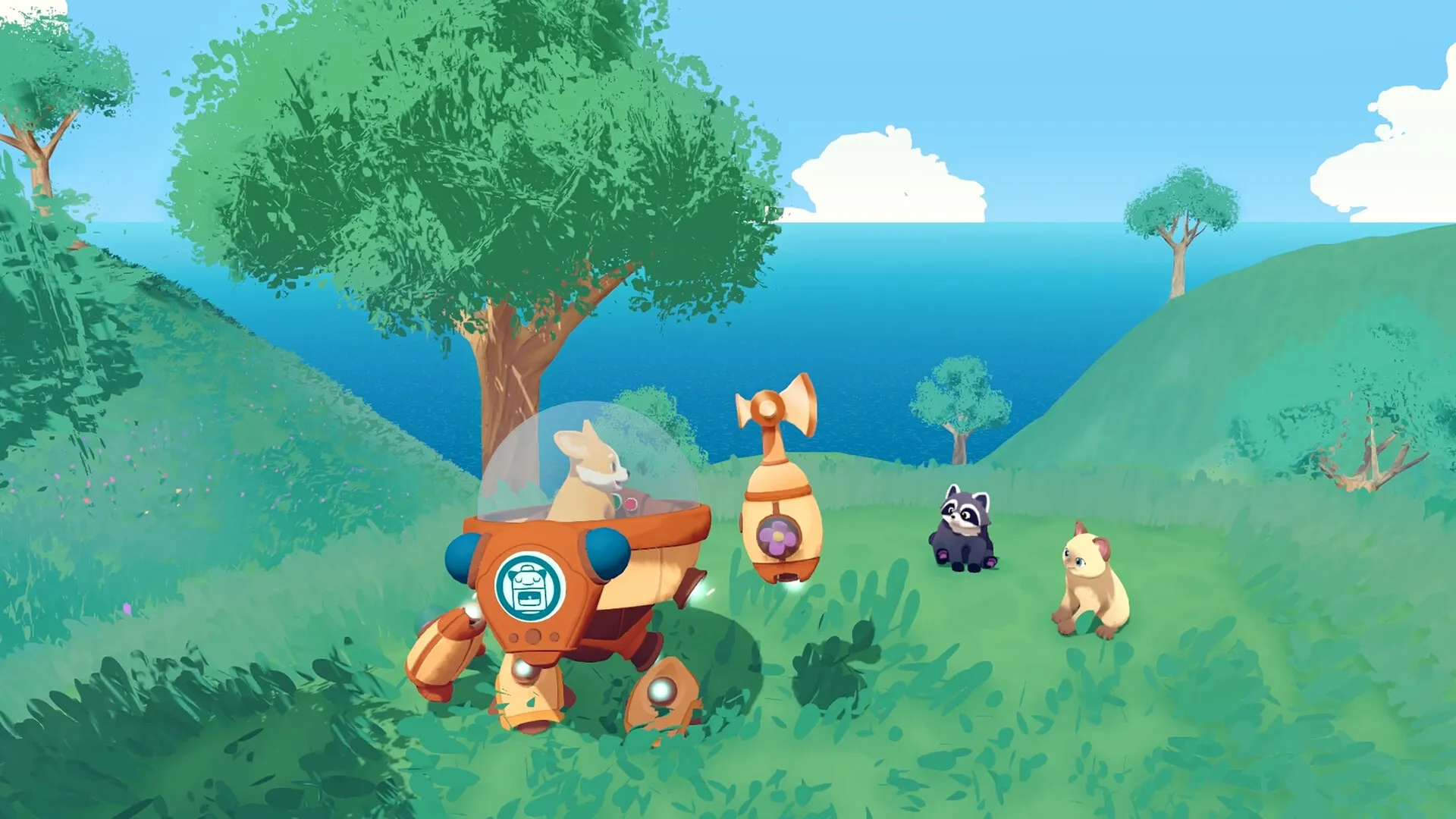 Animalkind: Animal in mech interacts with raccoon and bear in a grassy field by the ocean.