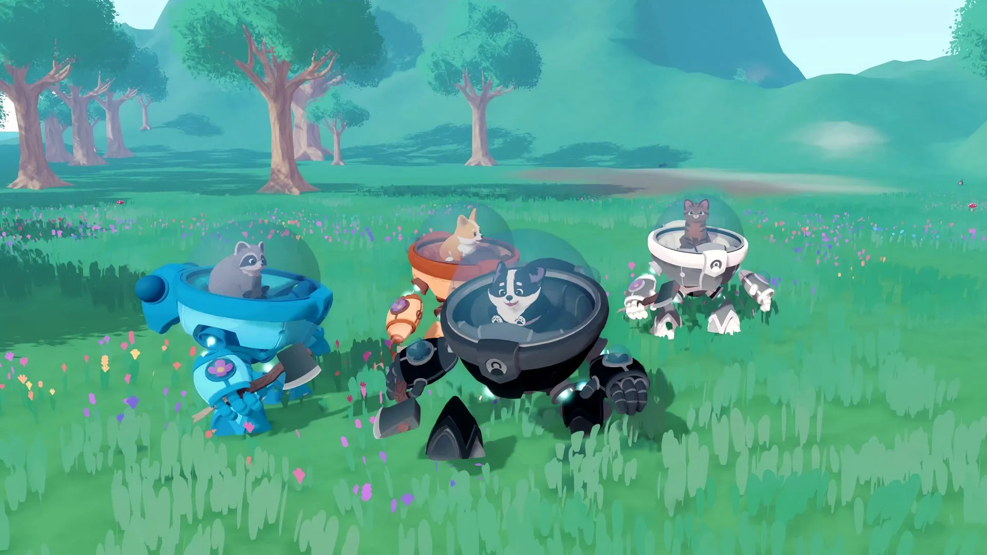 Animalkind: Four animals in colorful mechs exploring a vibrant meadow with trees and flowers.