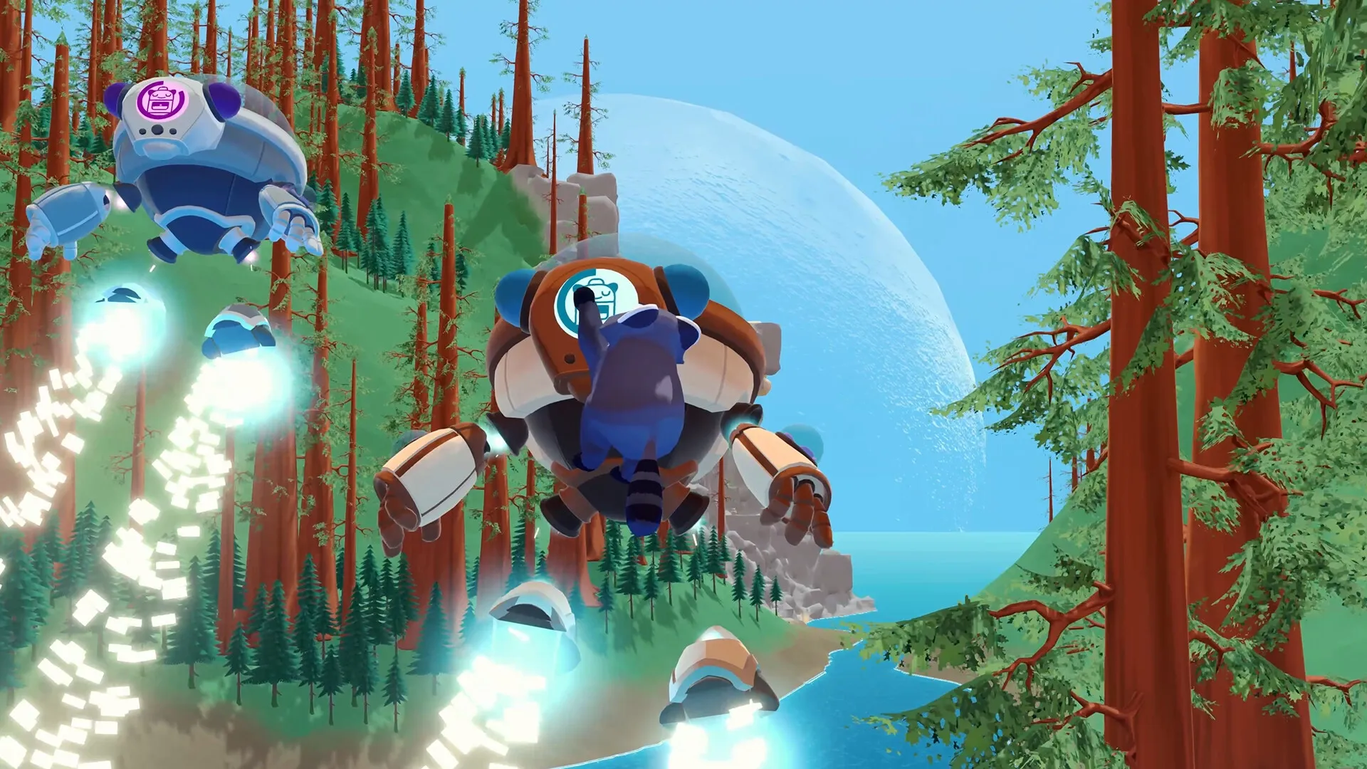 Animalkind: Raccoon piloting mech over lush forested cliffs with bright blue sky and distant sea