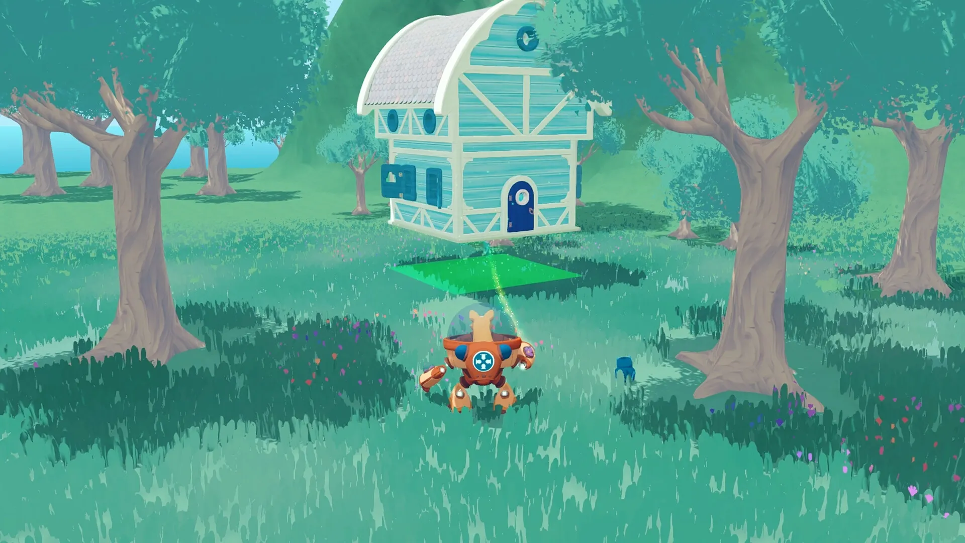 Animalkind: Mech-building in a lush forest, constructing a blue house surrounded by trees and flowers.