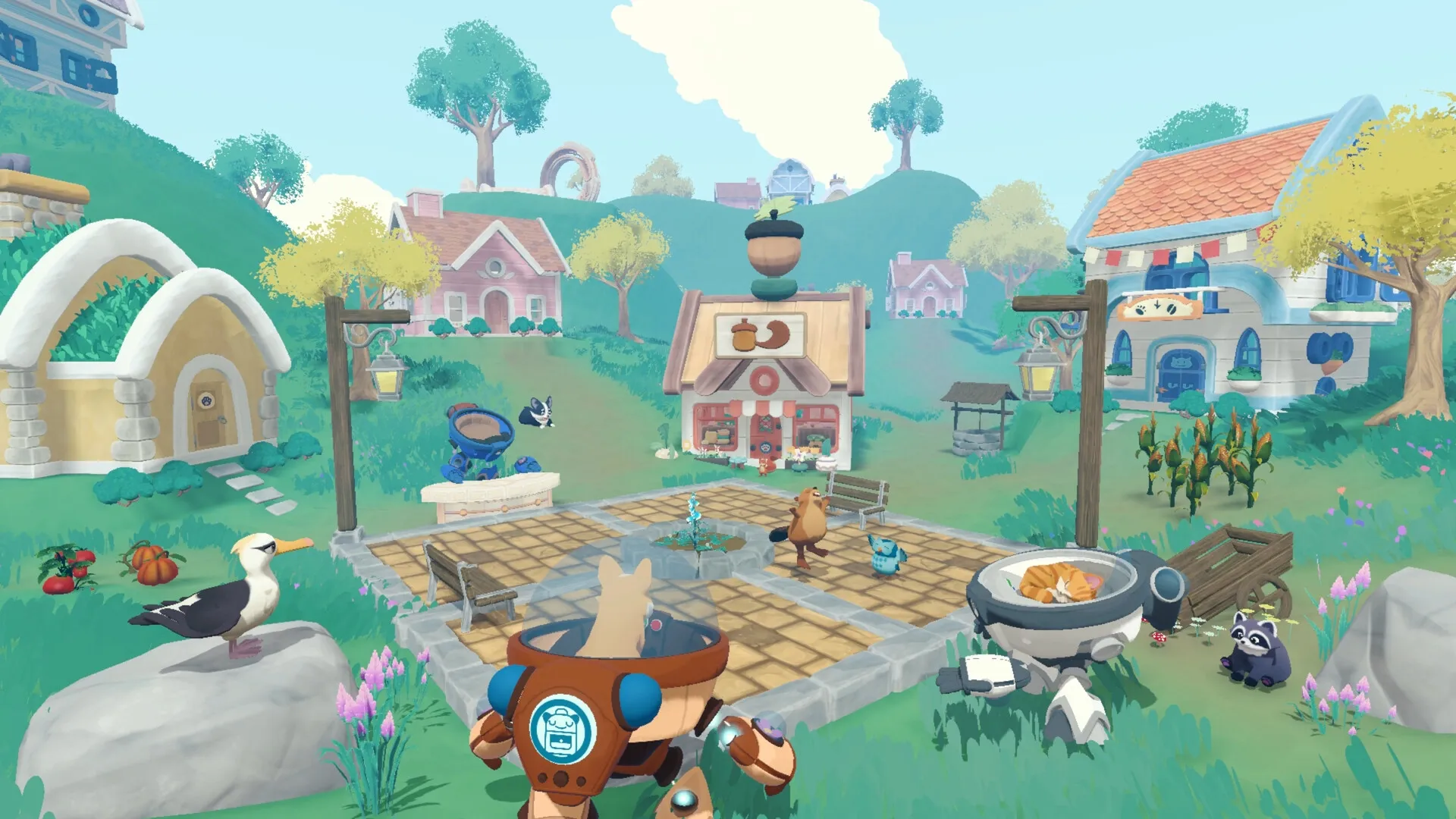 Animalkind: Animal in mech suit interacts with villagers in a quaint town square with shops and trees.
