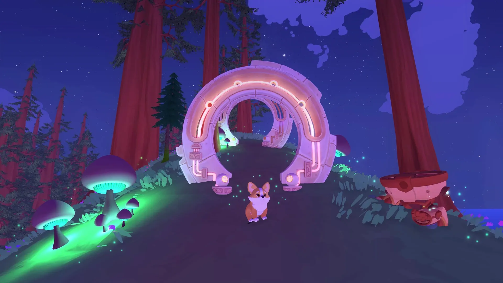 Animalkind: Cute animal explores glowing forest path with ancient mech portal under starlit sky
