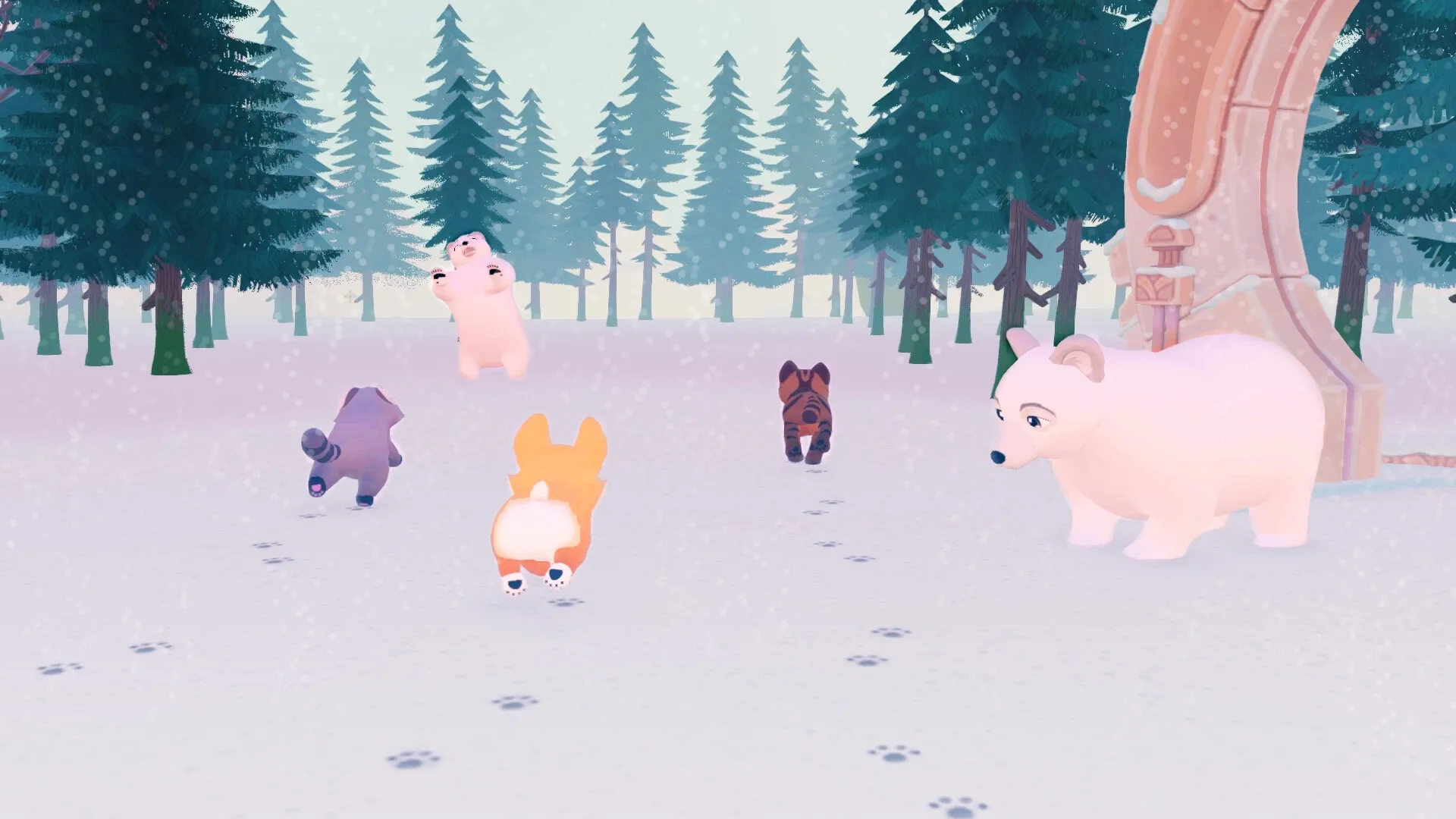 Animalkind: Playful animals gather in a snowy forest clearing near a large stone archway.