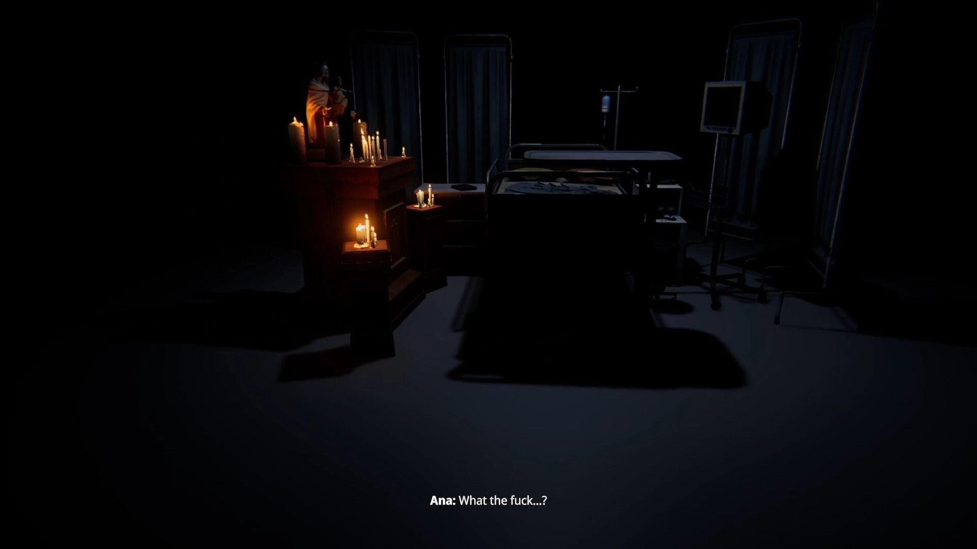 Animas Prologue: Dimly lit hospital room with candles, a bed, and Ana's shocked dialogue displayed