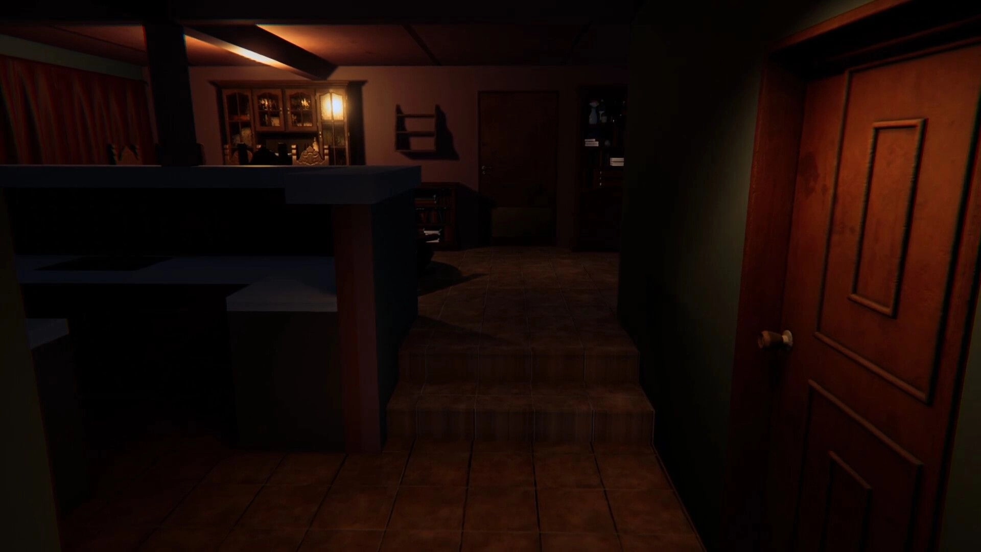 Animas Prologue: Dimly lit hallway with wooden door and shelves in the Blanco family home interior