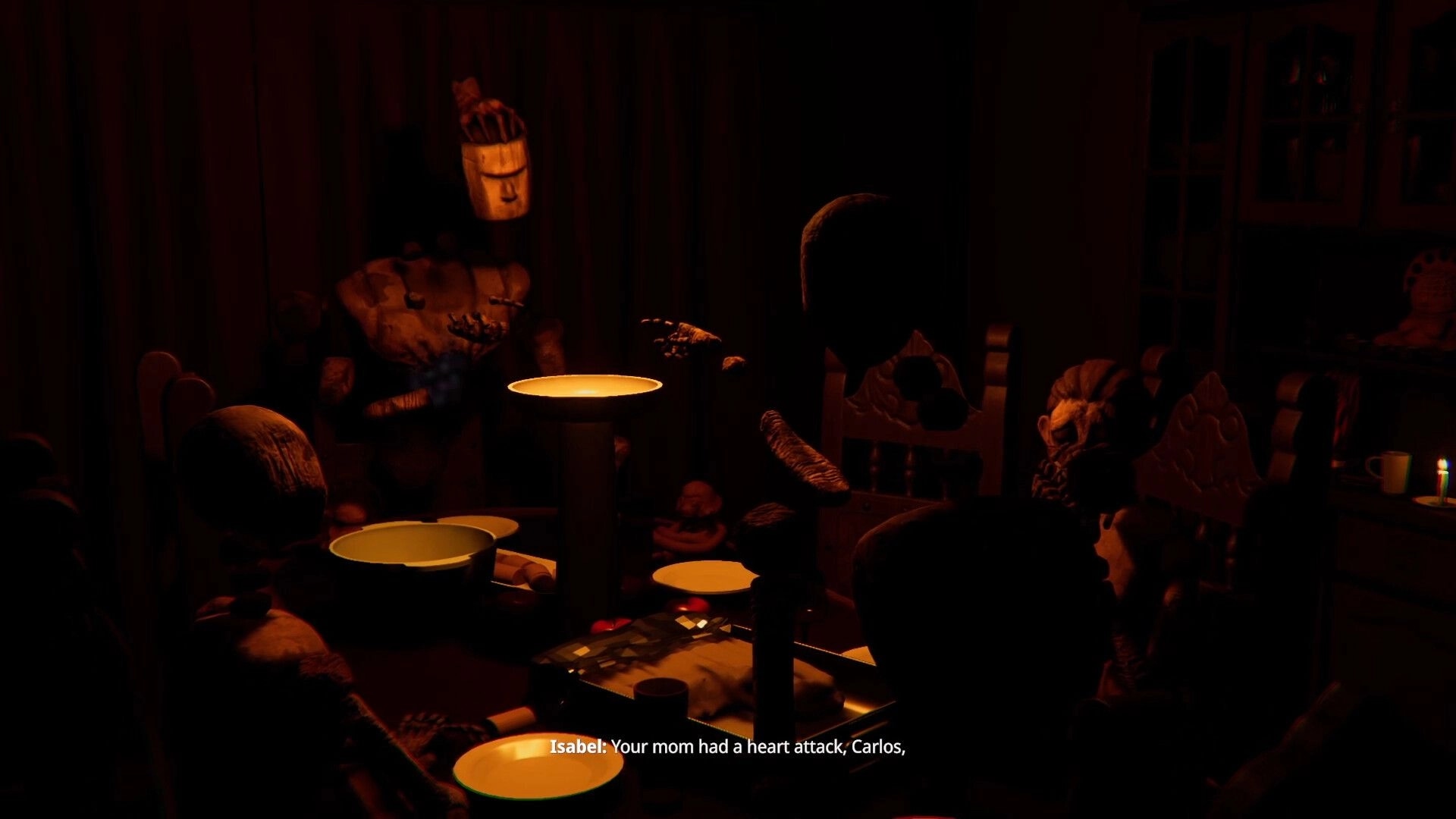 Animas Prologue: Shadows gather around a dimly lit dining table in the Blanco family home