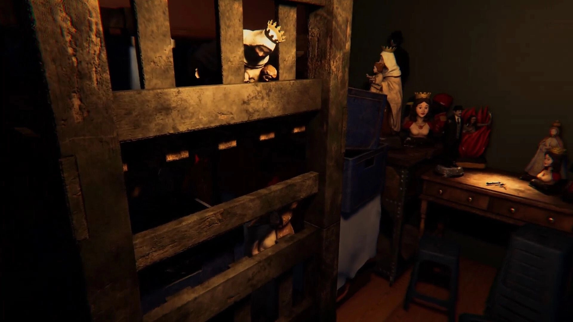 Animas Prologue: Wooden cage and eerie dolls in a dimly lit room of the Blanco family home