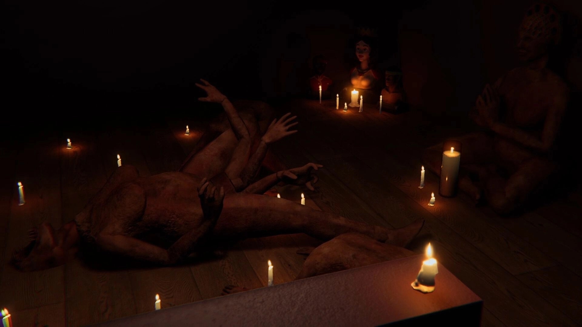 Animas Prologue: Ritual scene with human-like figures and candles in a dimly lit room