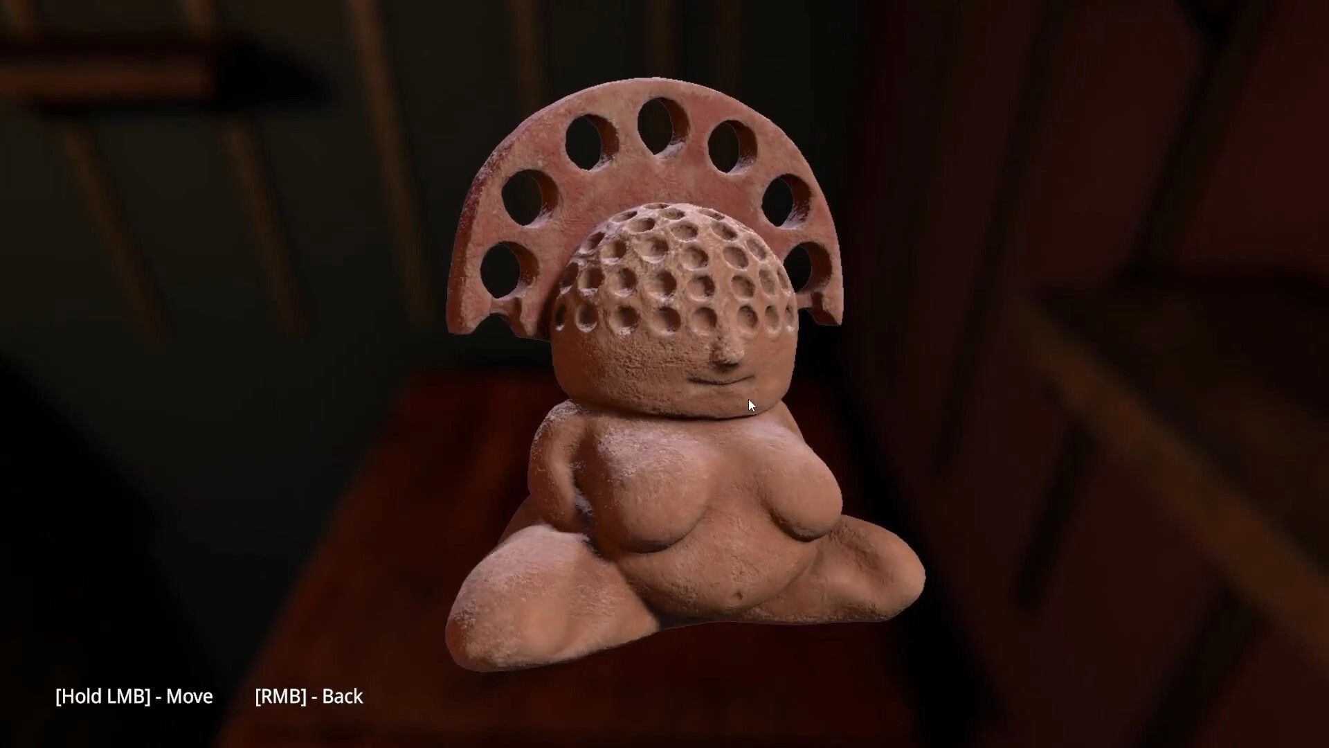 Animas Prologue: Clay figurine inspection on wooden table in dimly lit Blanco family home room