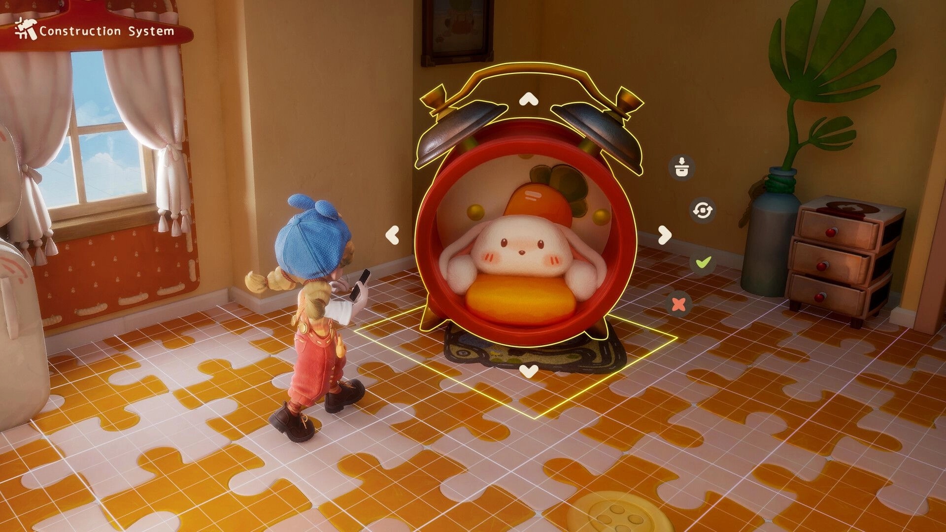 Animula Nook: Character interacts with a cozy alarm clock bed in a whimsical room with puzzle floor.