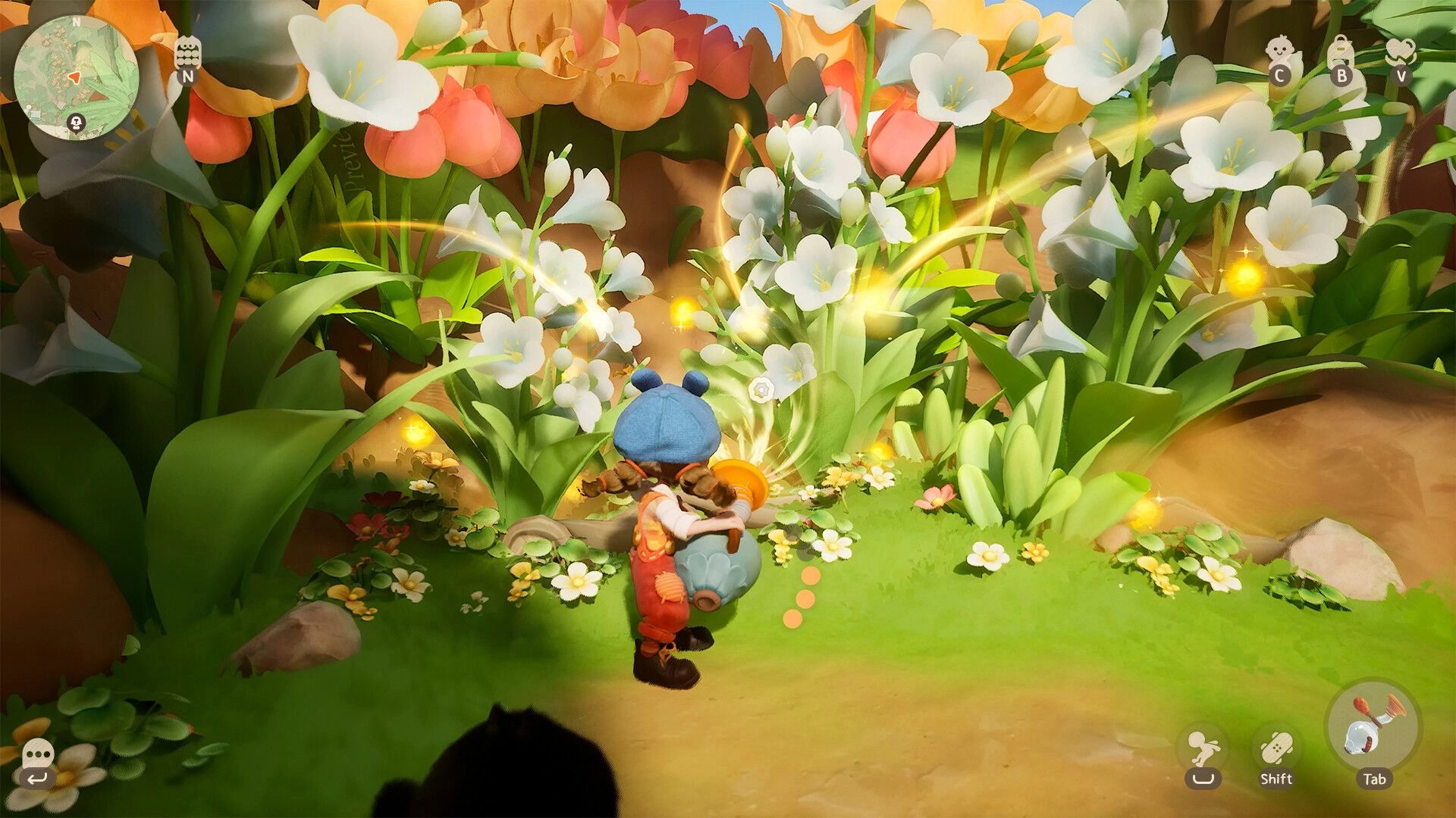 Animula Nook: Character gathers sunlight in a lush garden with vibrant flowers and glowing particles.