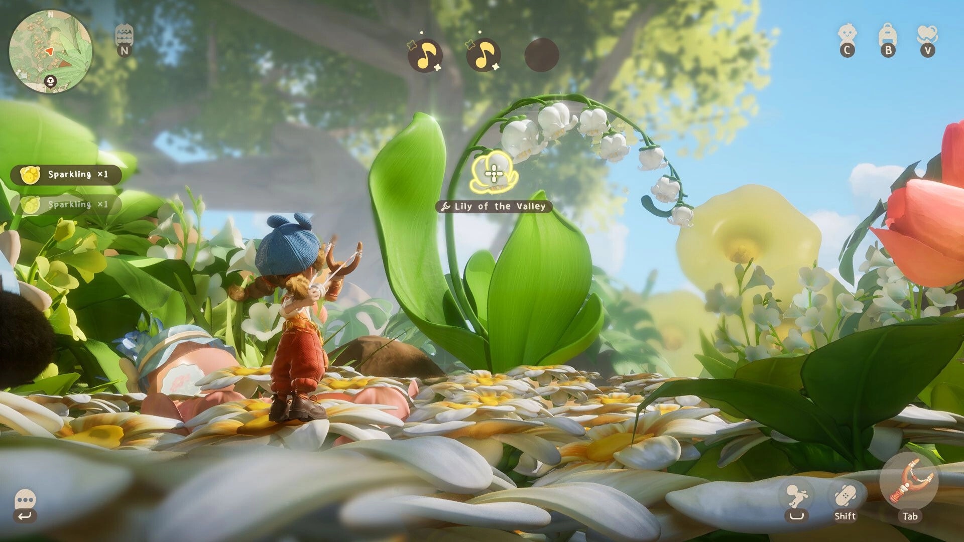 Animula Nook: Character collecting Lily of the Valley in a vibrant garden environment with UI icons