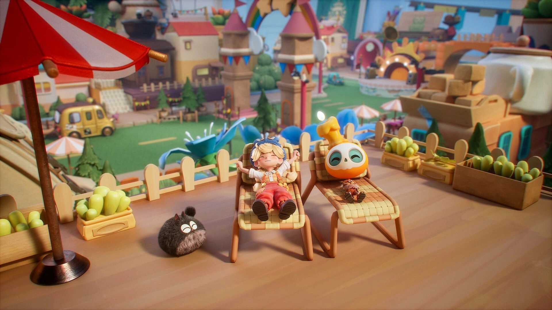 Animula Nook: Two characters lounging on deck chairs in a vibrant miniature village setting