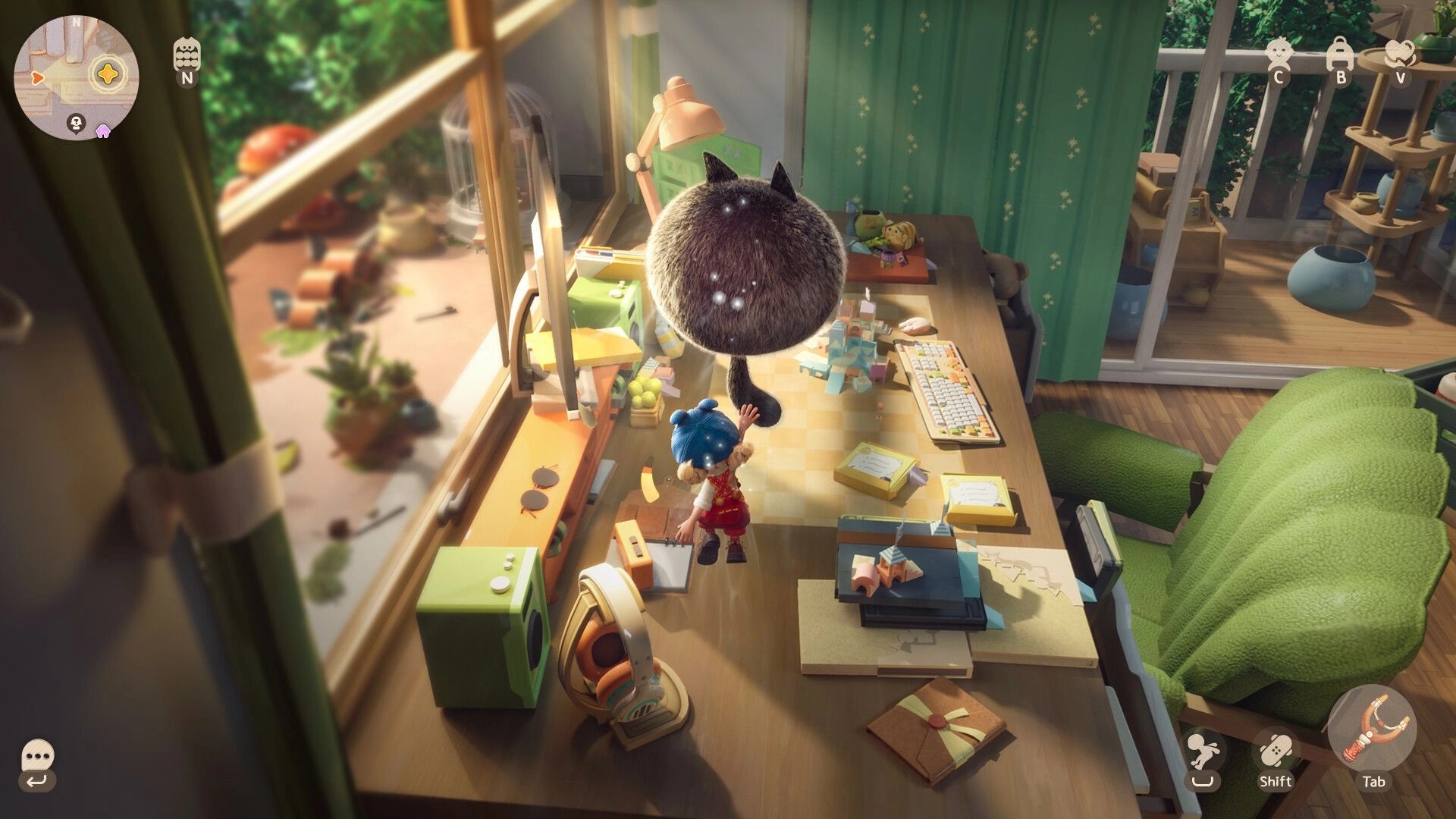 Animula Nook: Small character interacts with floating creature on a cluttered desk in cozy room.
