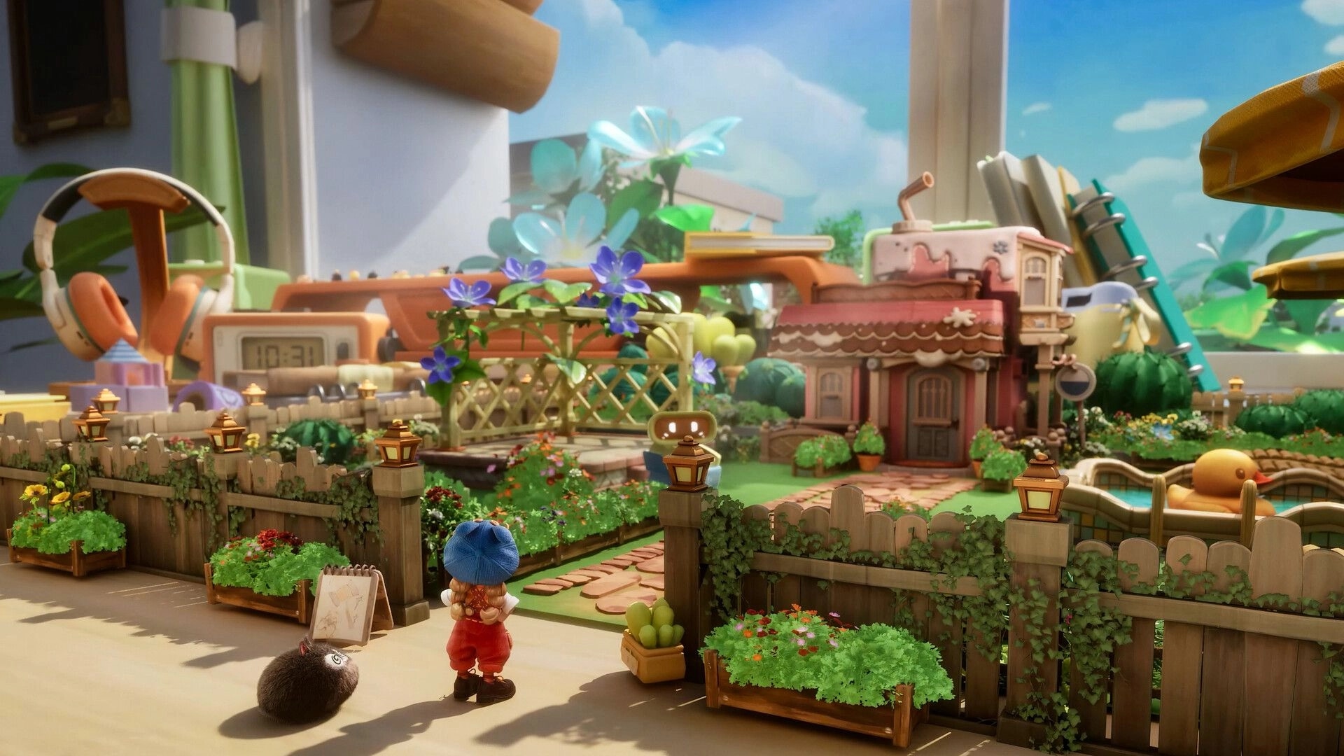 Animula Nook: Character explores garden scene with giant flowers and quaint buildings in cozy environment.