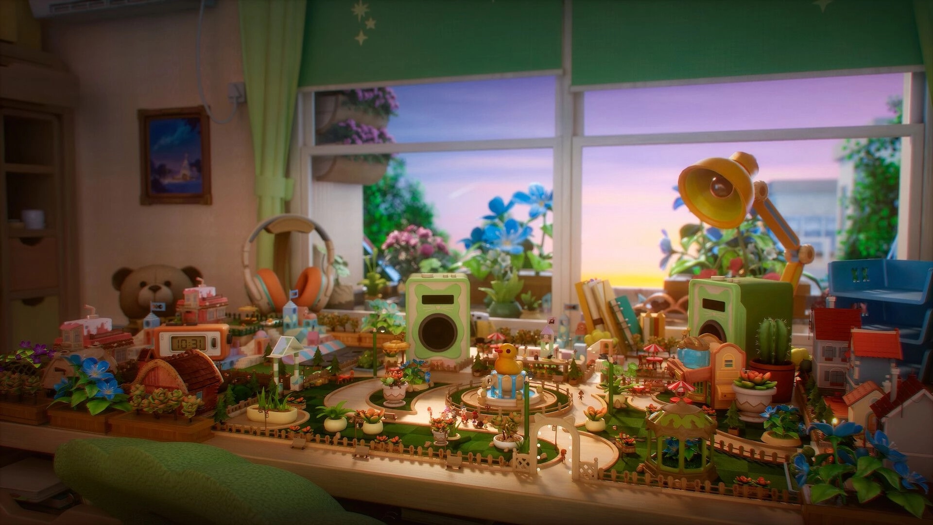 Animula Nook: Miniature village scene on a desk with plants, books, and a yellow lamp in the background.