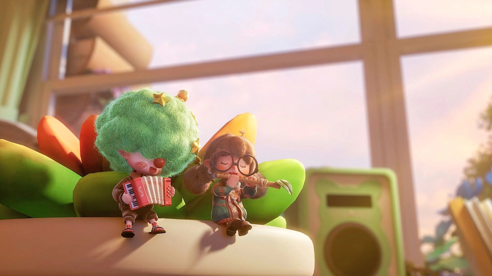 Animula Nook: Two whimsical characters playing instruments on a plant pot near a sunlit window.