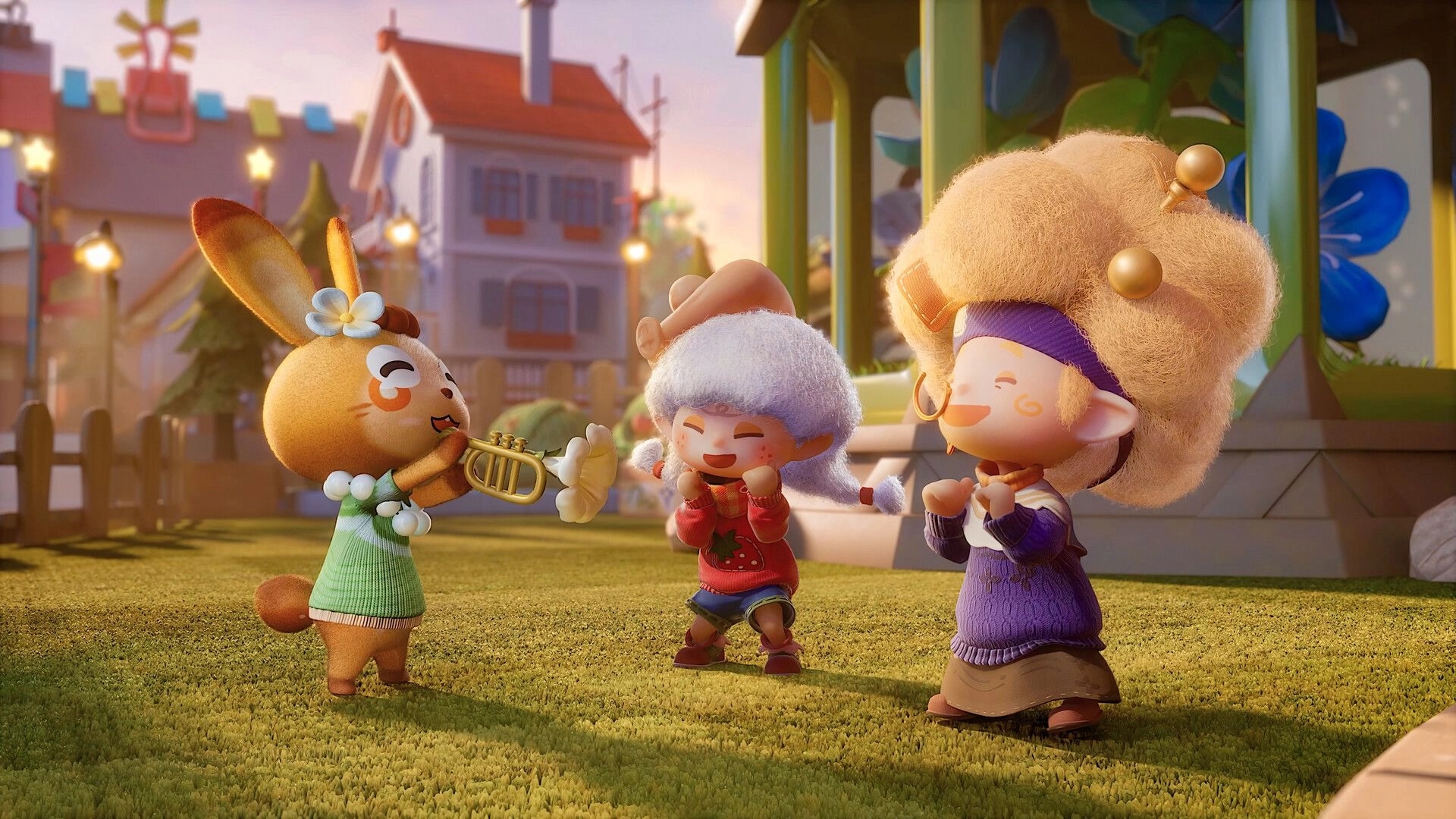 Animula Nook: Three joyful characters dancing and playing trumpet in a sunny, whimsical village setting