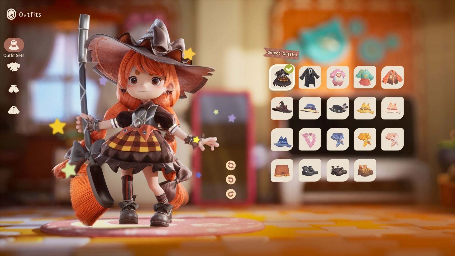 Animula Nook: Character outfit selection menu with whimsical witch costume and various clothing options