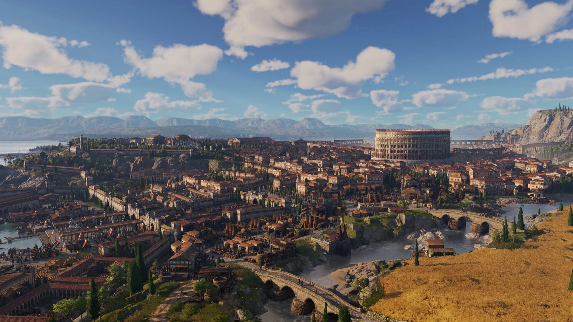 Anno 117: Expansive Roman cityscape with Colosseum, aqueducts, and bridges under a blue sky