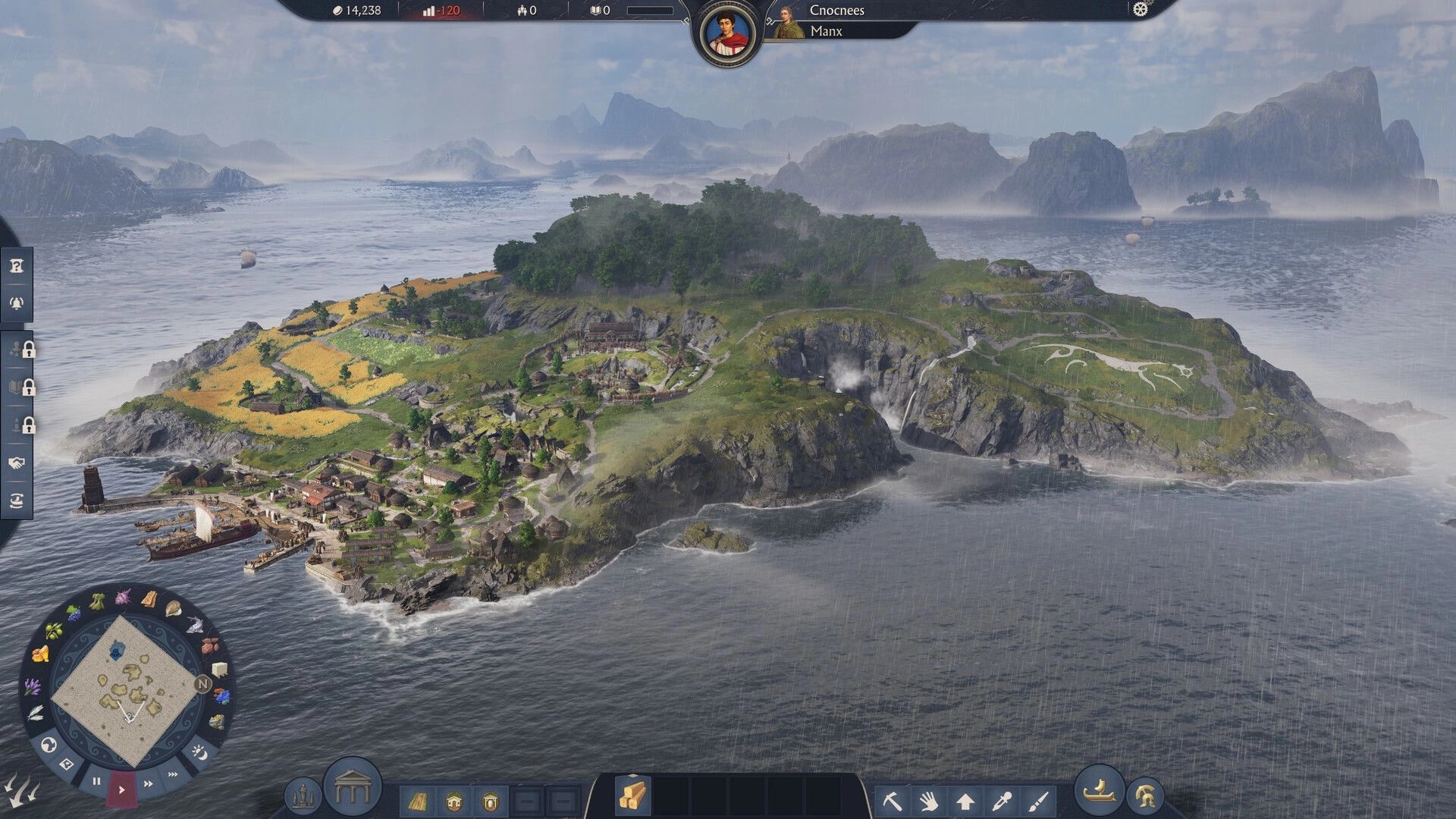 Anno 117: Island settlement with harbor facilities and lush vegetation in coastal Roman province