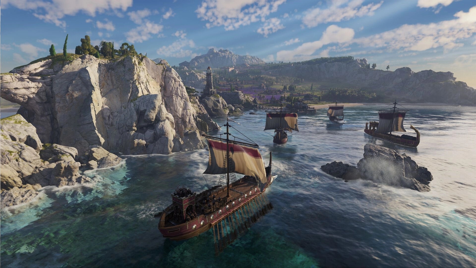 Anno 117: Roman ships navigate coastal waters near towering cliffs and distant settlements