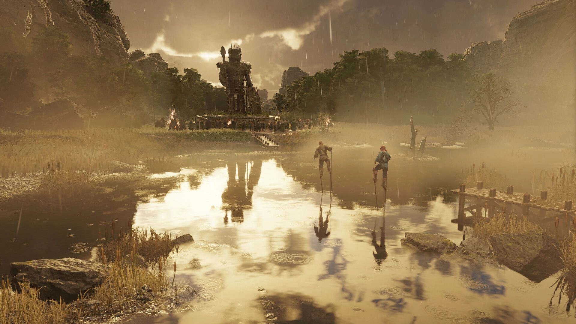 Anno 117: Two characters on stilts approach a giant statue in a misty marshland setting