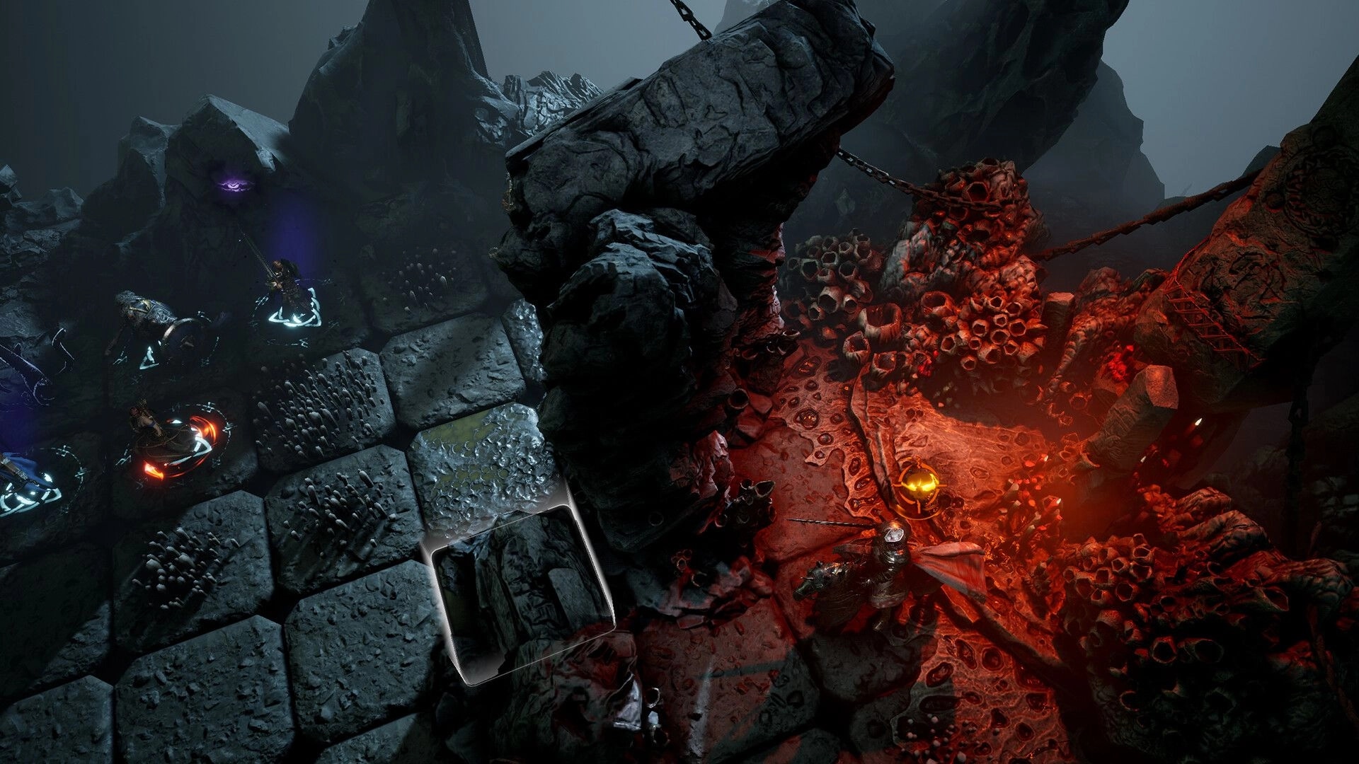 Annulus: Tactical combat scene with mercenaries on dark stone tiles and glowing red environment