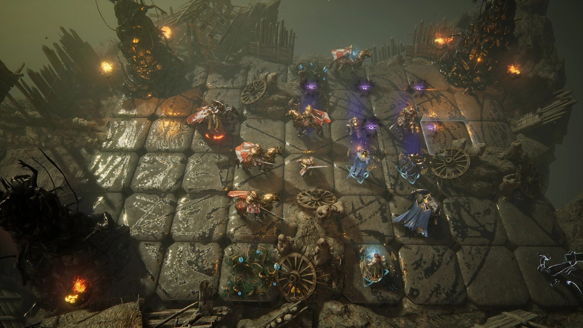 Annulus: Tactical combat on stone grid with armored mercenaries and mystical elements in dark arena