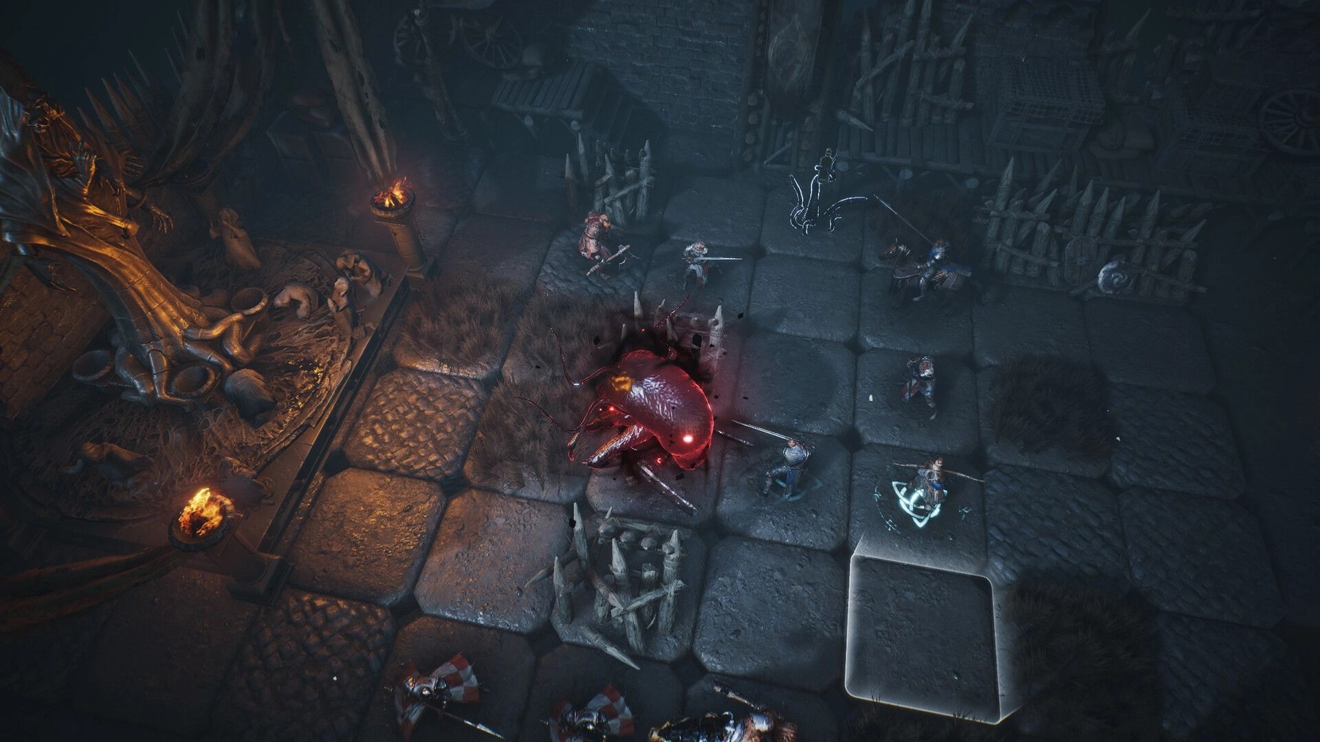 Annulus: Tactical combat scene with mercenaries battling a giant creature on a grid in a dark dungeon.