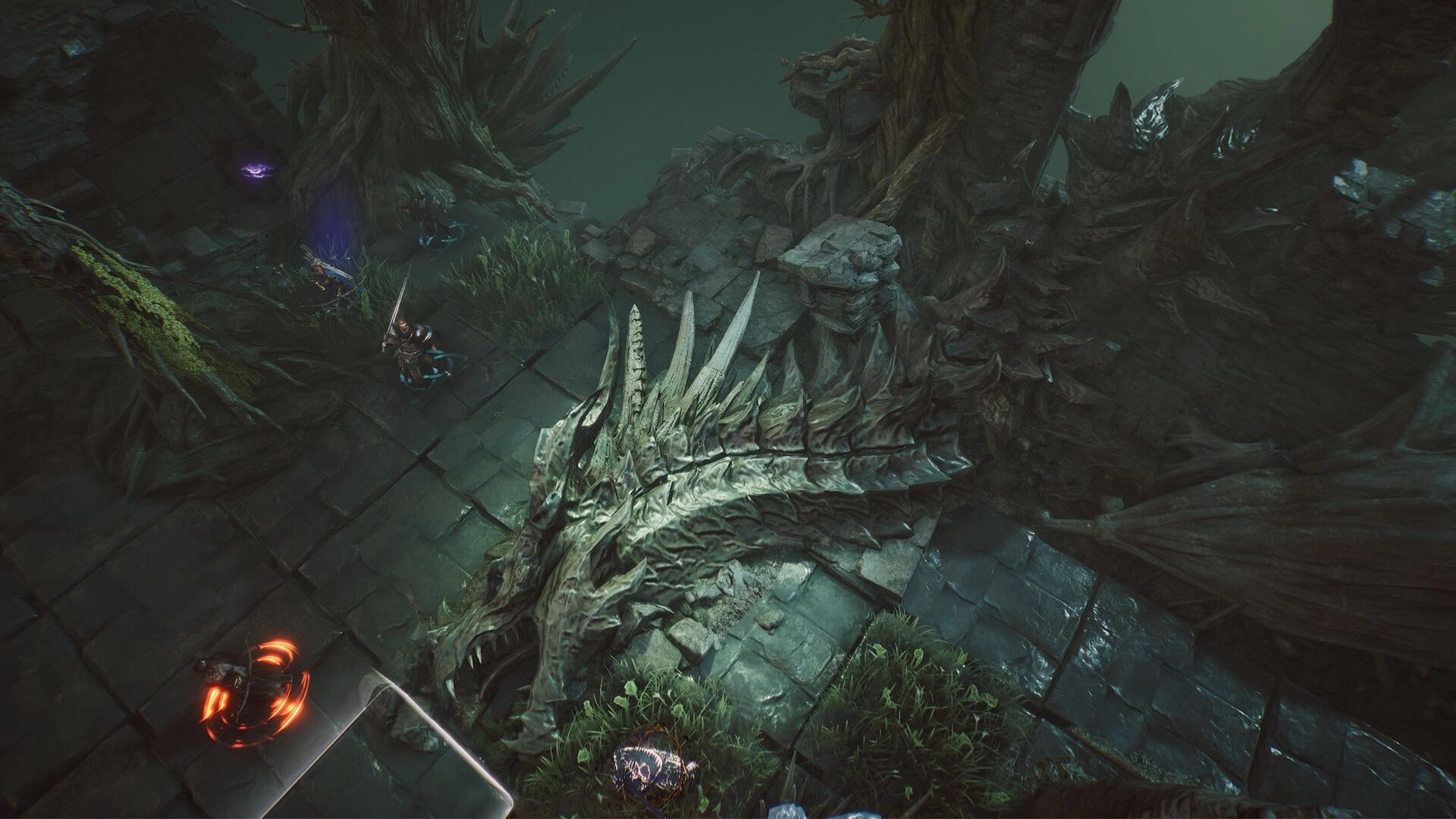 Annulus: Tactical battle on ancient stone path with mercenaries and a dragon skeleton in dark forest