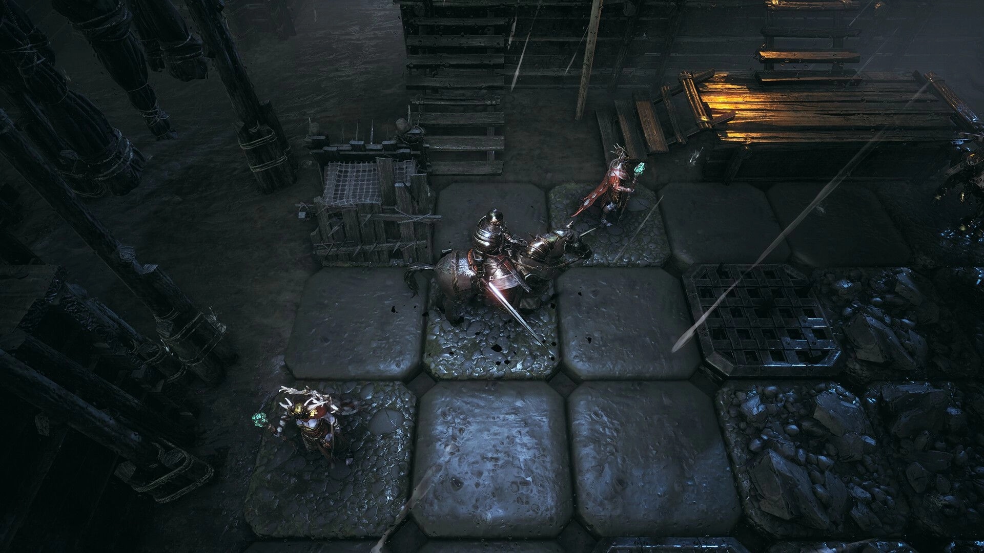 Annulus: Knight on horseback and allies on stone tiles in dimly lit dungeon environment